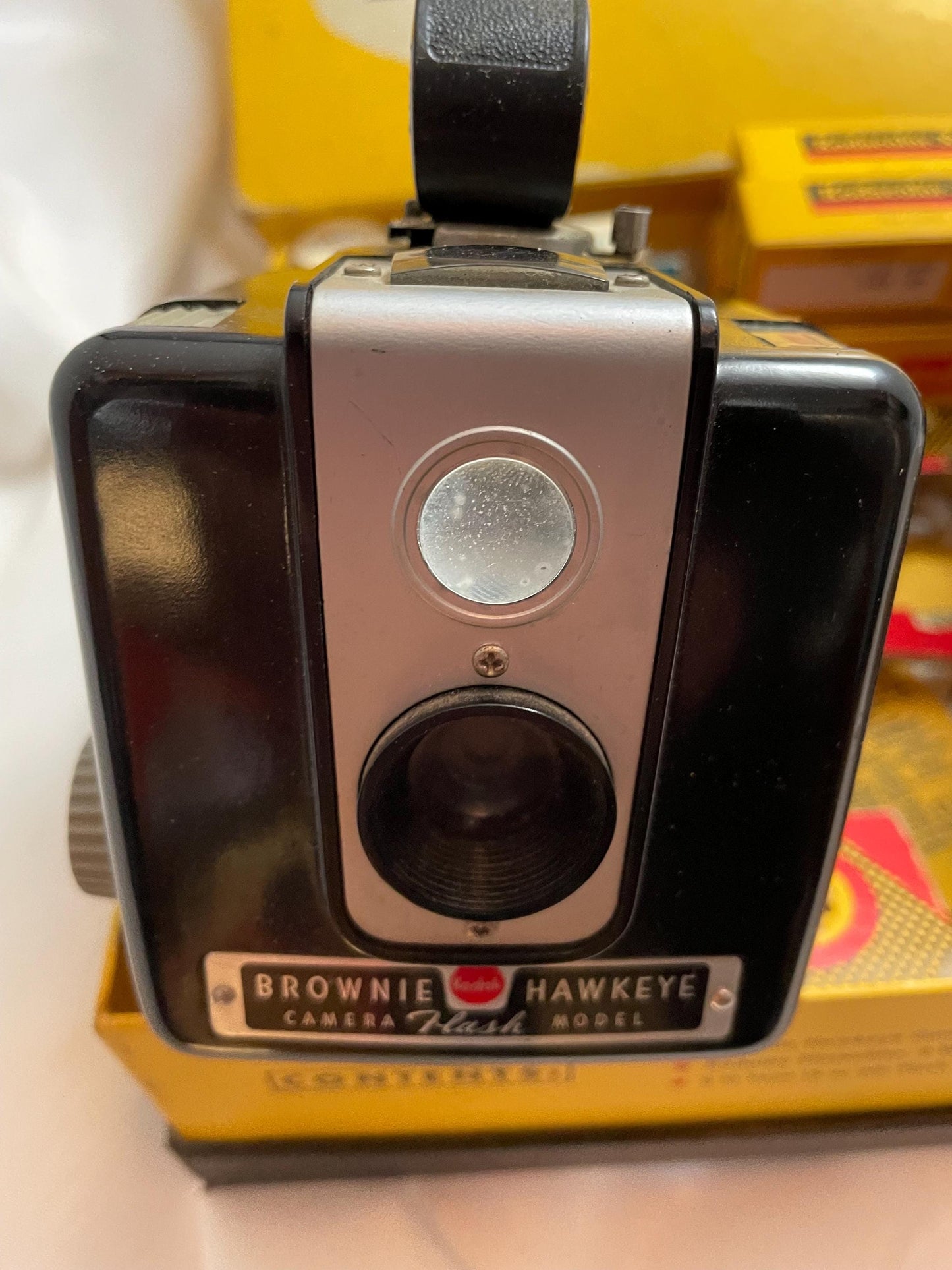 Vintage Kodak Brownie Hawkeye camera. In its original box. Flash Model. Extra Bulbs and Film included.