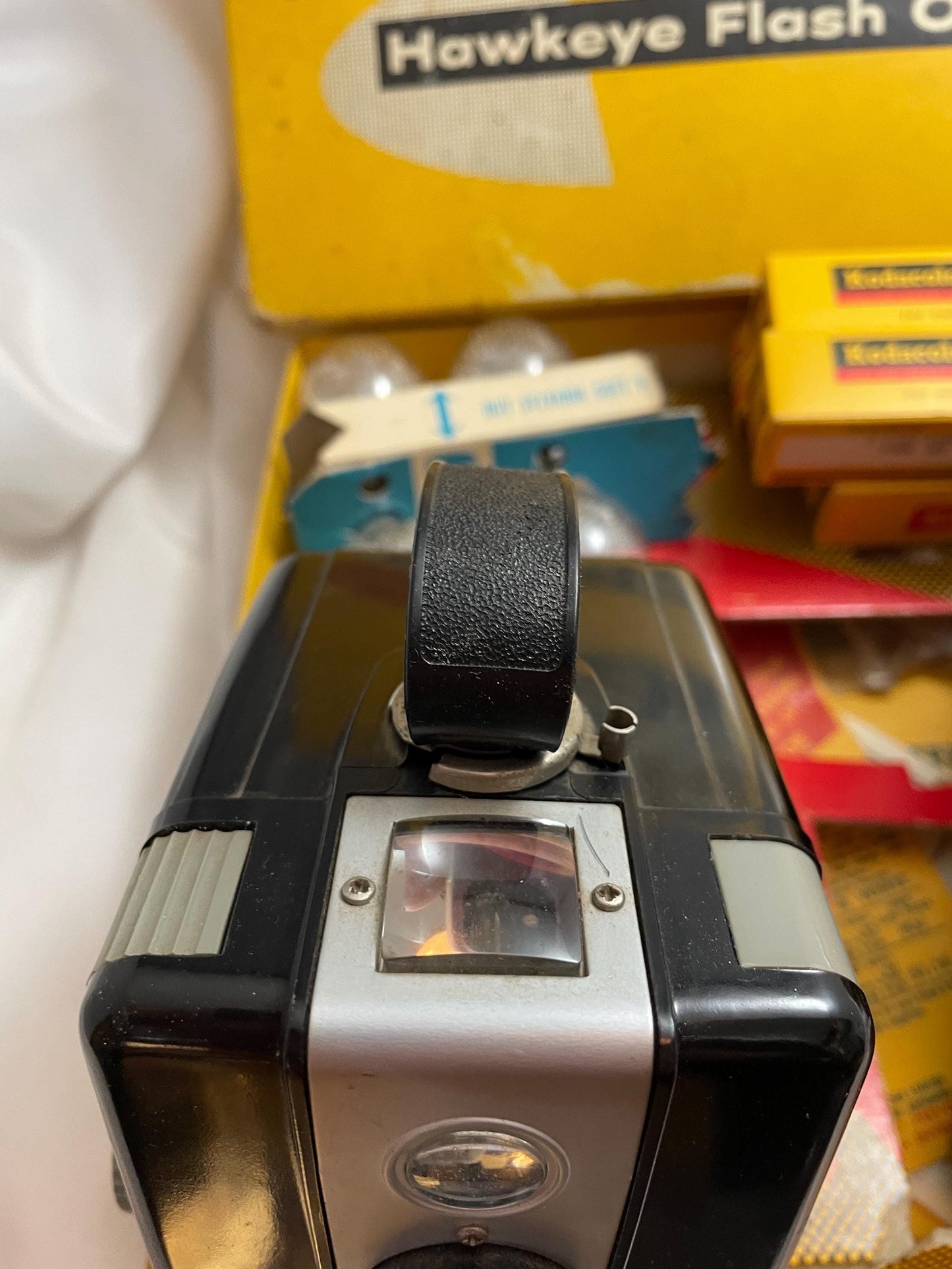 Vintage Kodak Brownie Hawkeye camera. In its original box. Flash Model. Extra Bulbs and Film included.