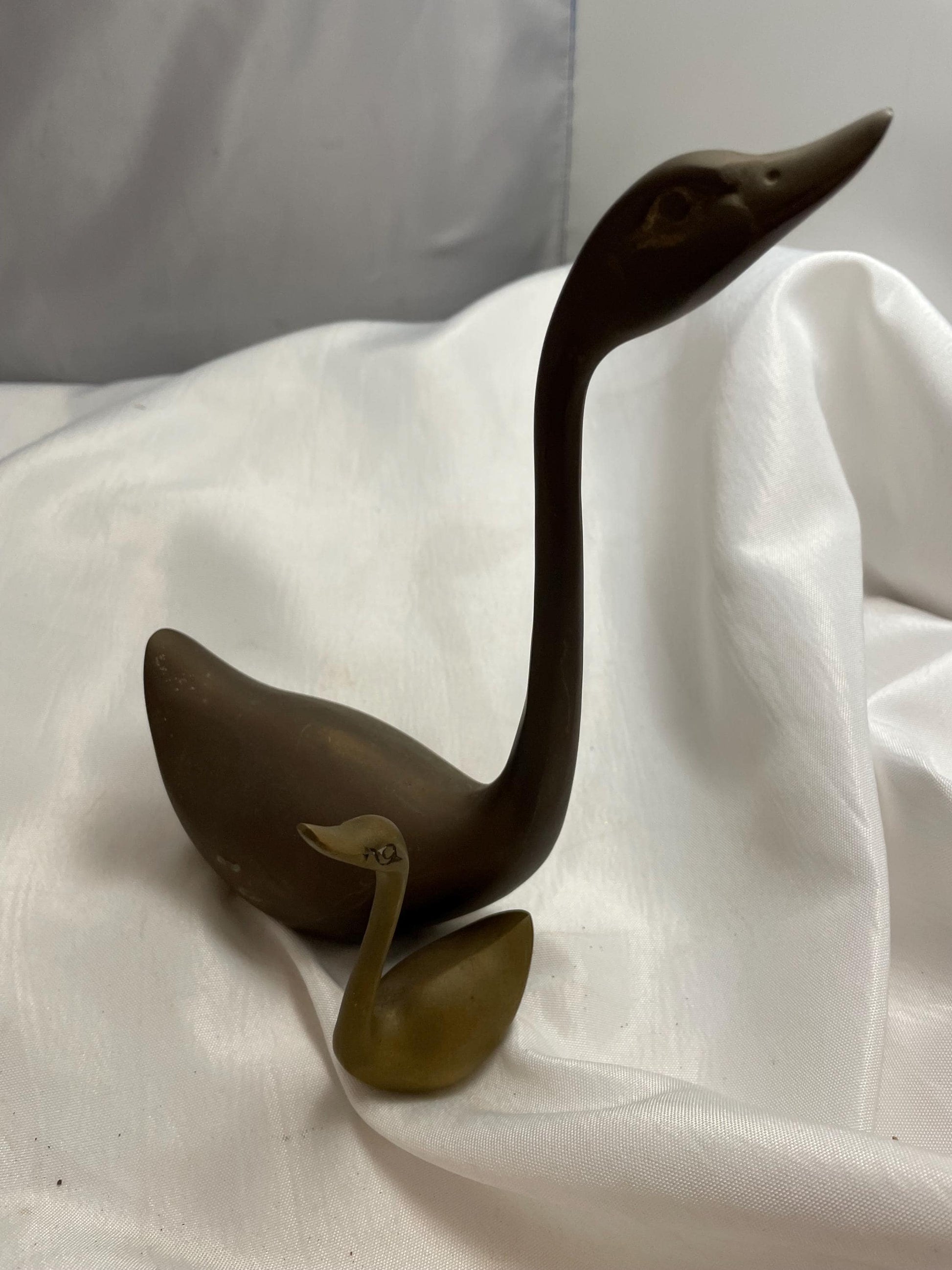 Mother and Baby Swan figurines. solid brass.