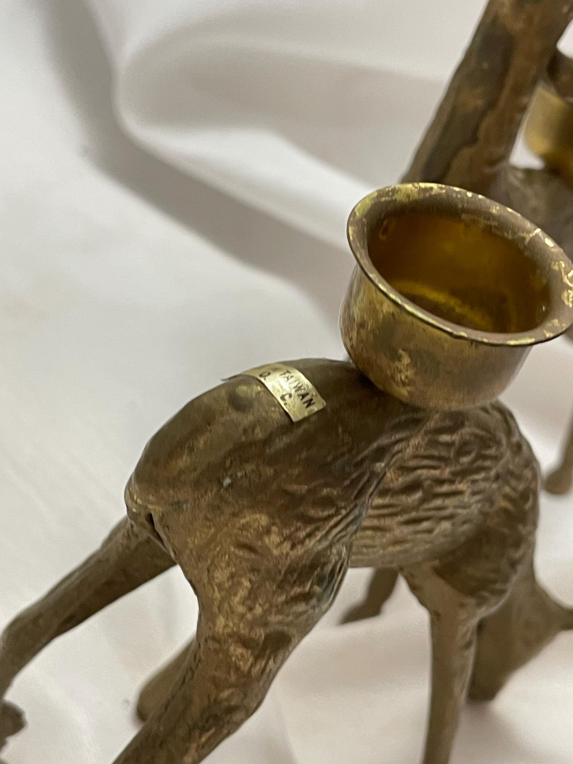 Set of 2 Vintage brass Deer Tapestry candle holders .