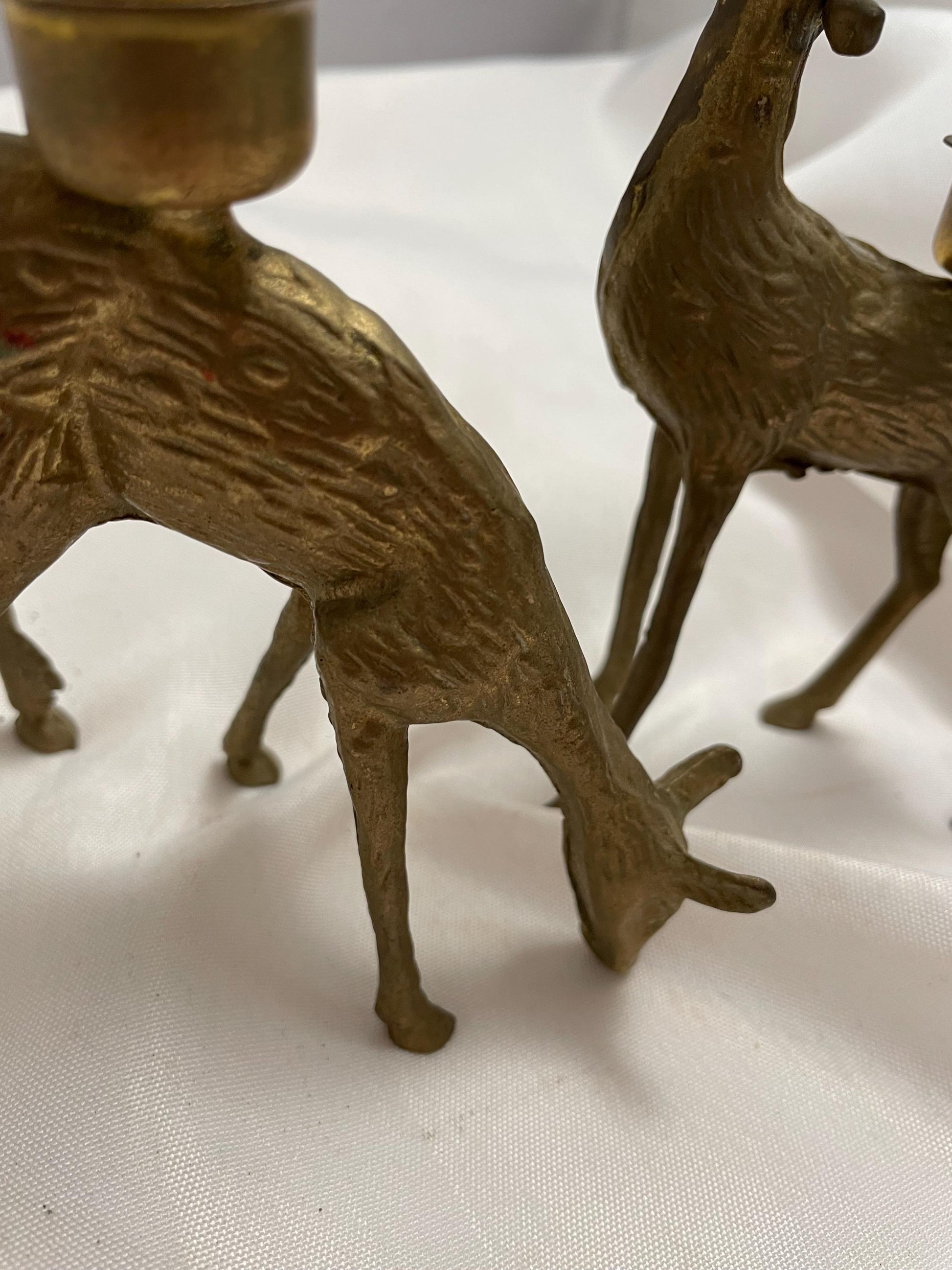 Set of 2 Vintage brass Deer Tapestry candle holders .