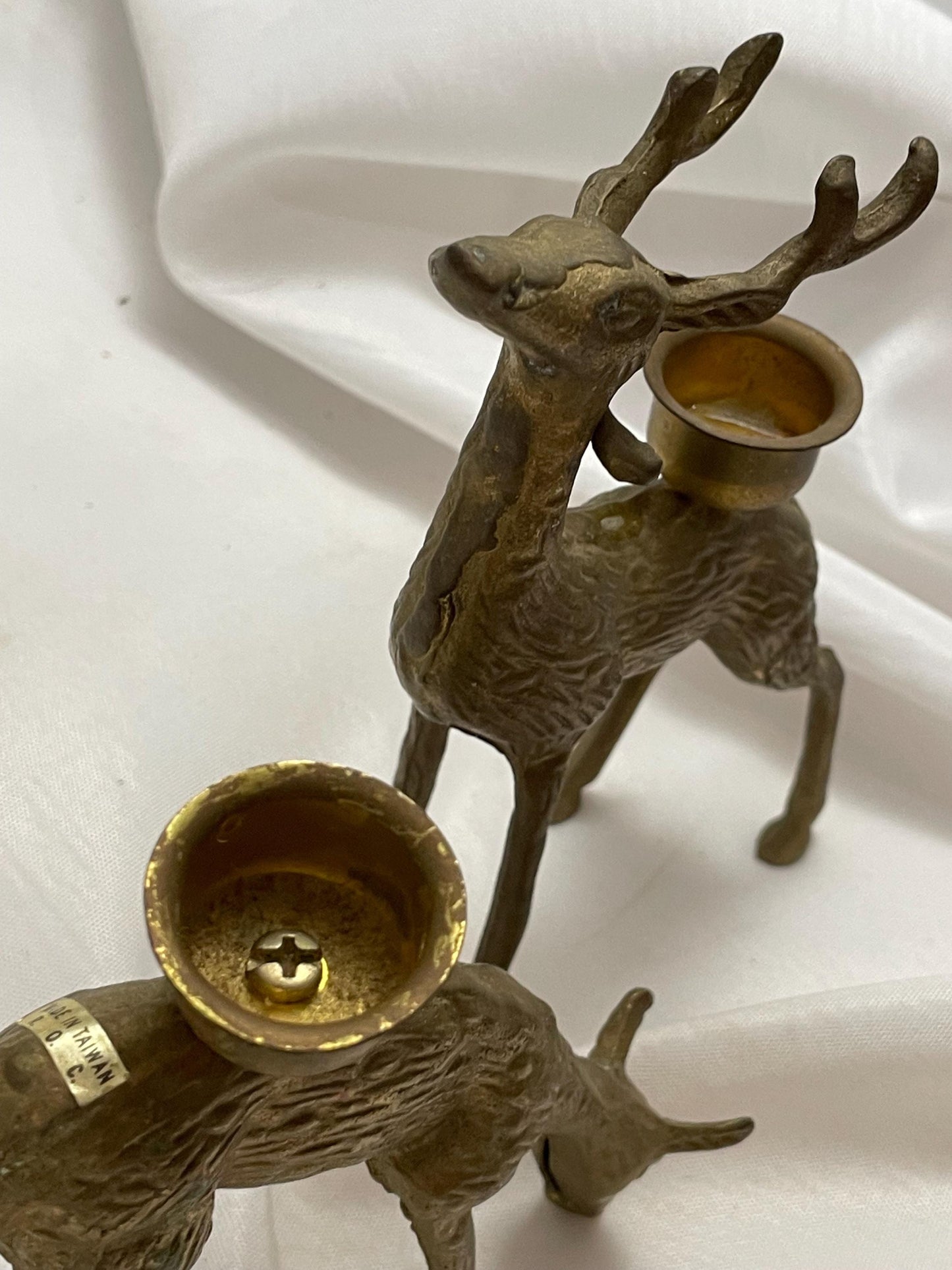 Set of 2 Vintage brass Deer Tapestry candle holders .