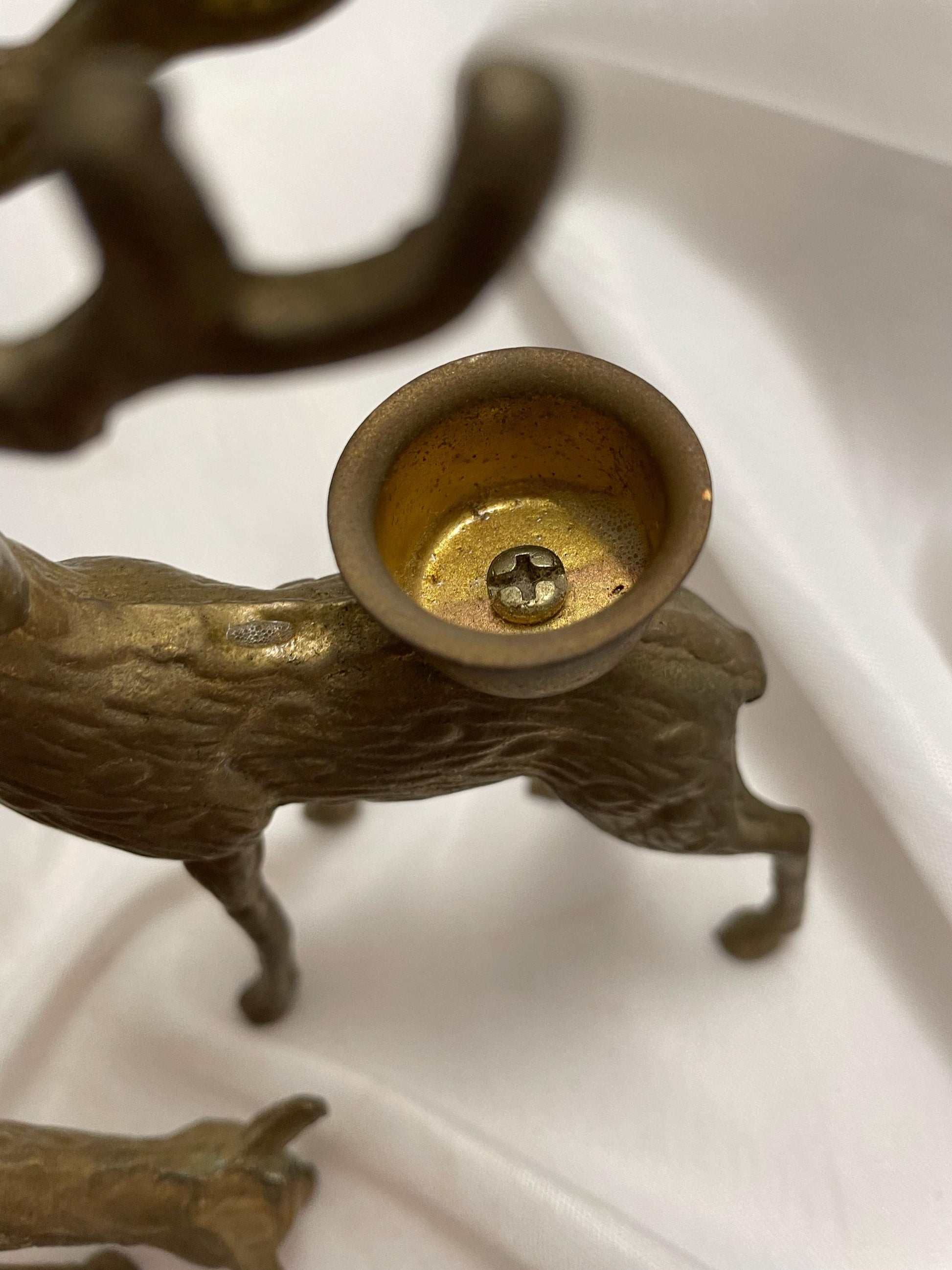 Set of 2 Vintage brass Deer Tapestry candle holders .