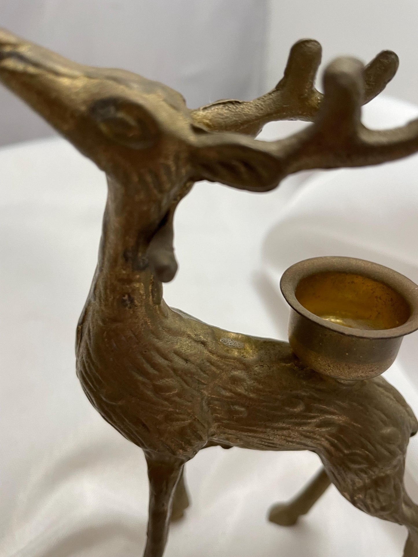 Set of 2 Vintage brass Deer Tapestry candle holders .