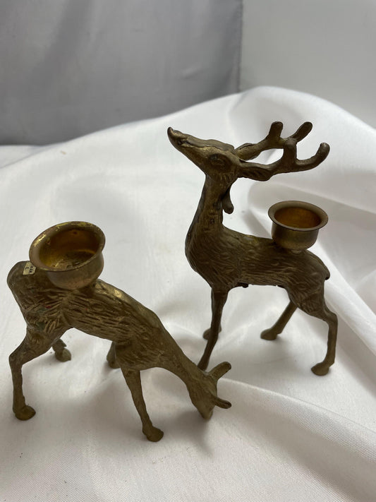 Set of 2 Vintage brass Deer Tapestry candle holders .