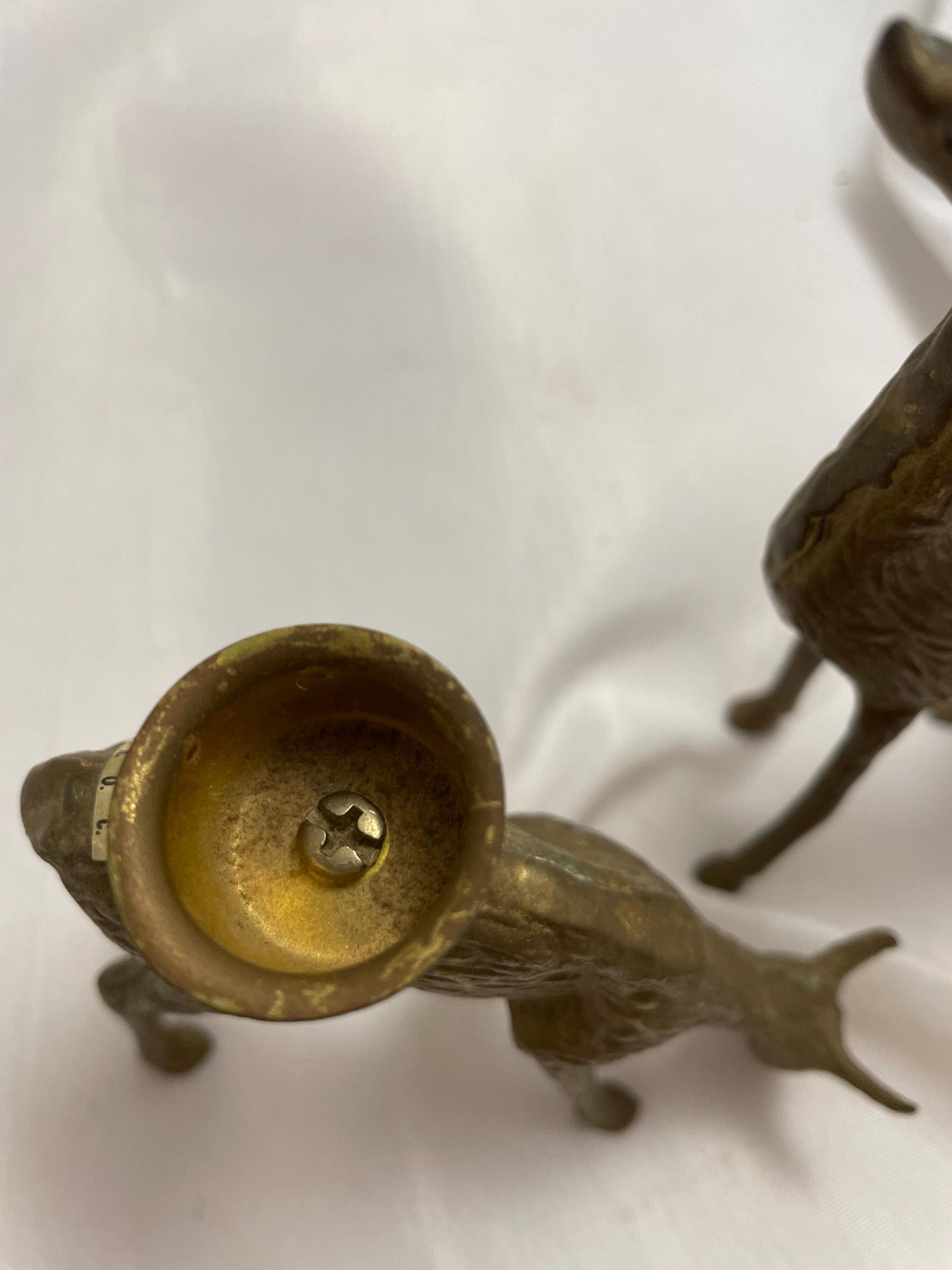 Set of 2 Vintage brass Deer Tapestry candle holders .