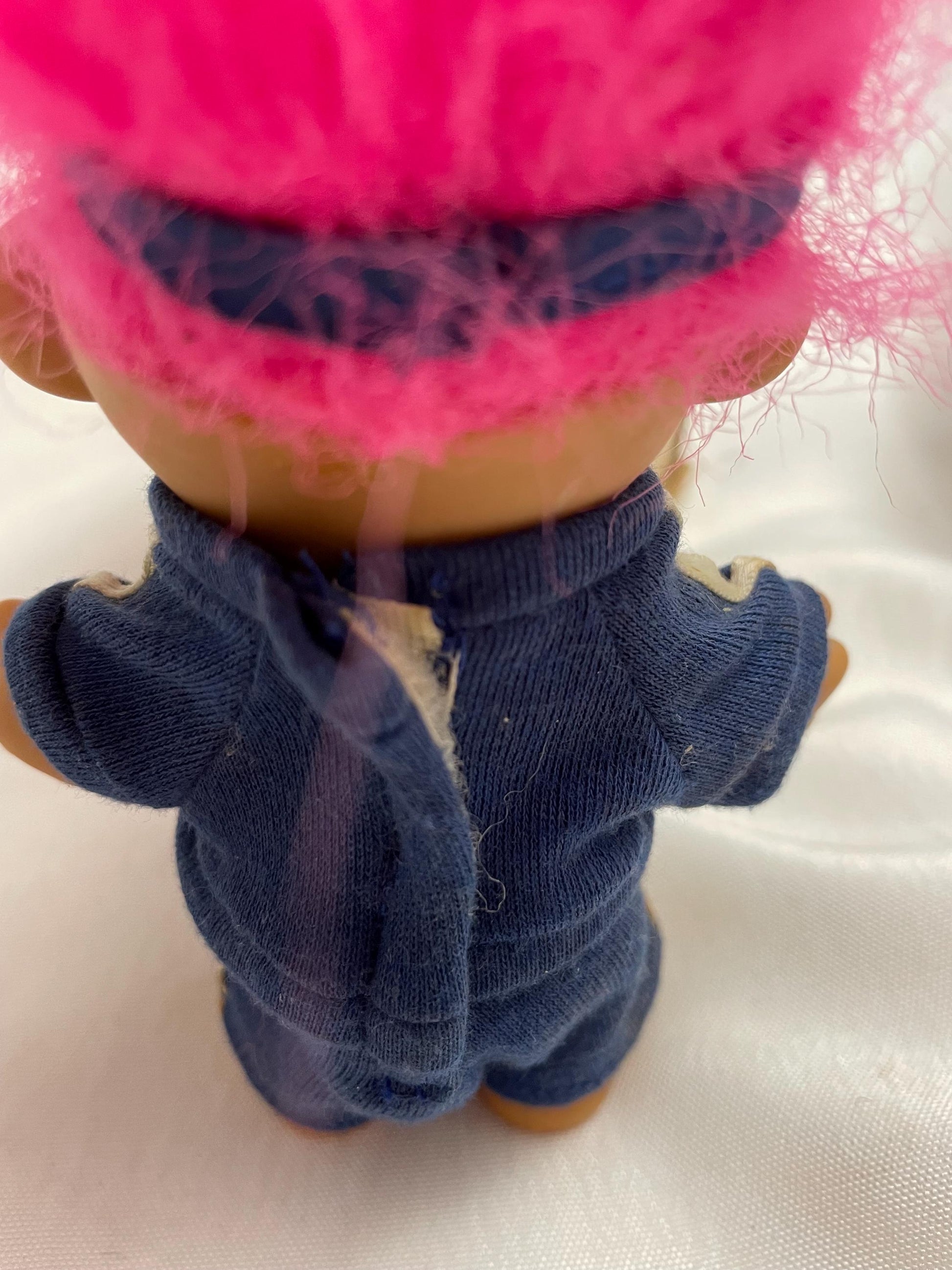 Russ Berrie #1 Coach w/track suit Troll Doll. Pink hair. 4 1/2”.