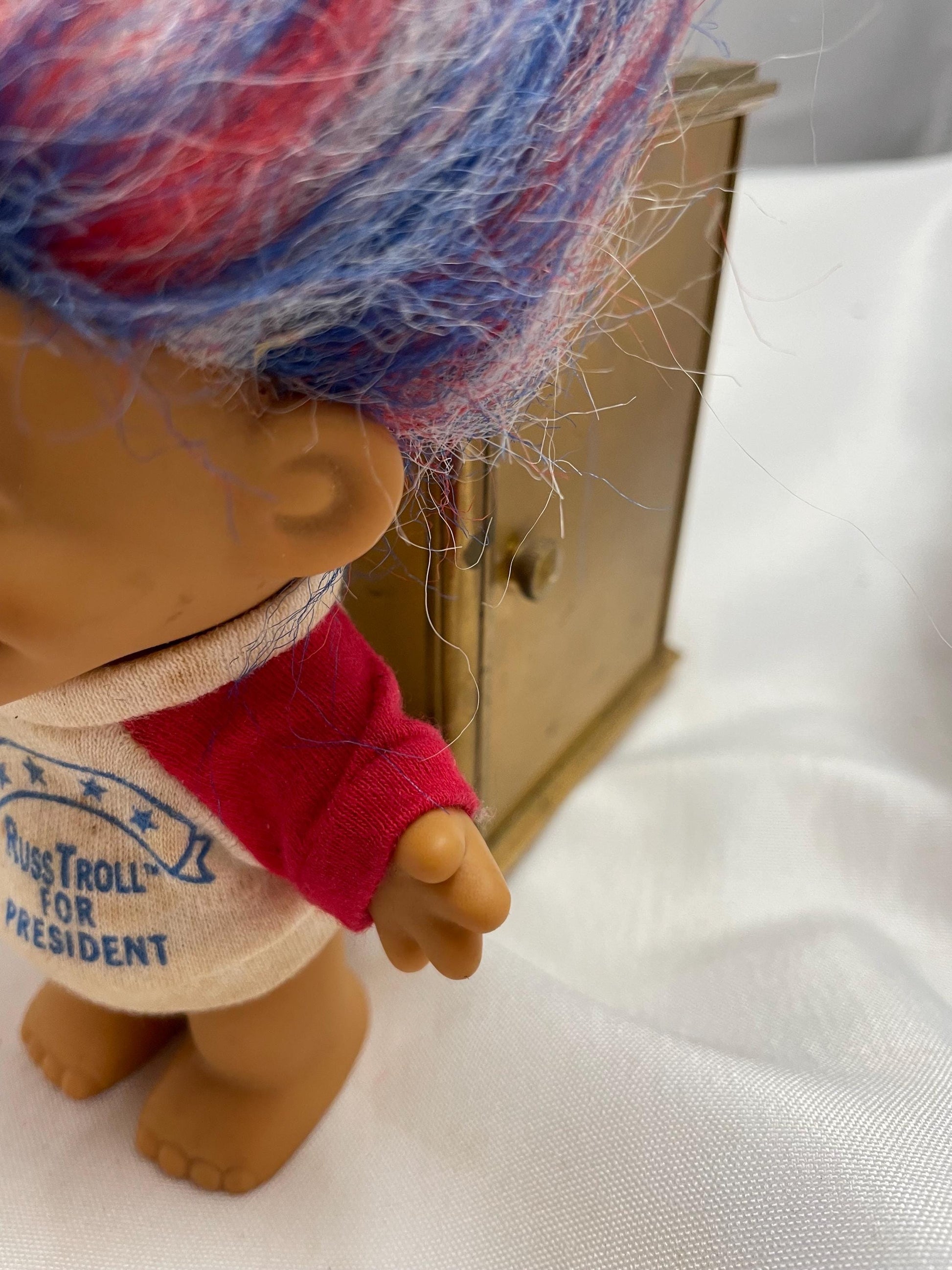 Vintage 1980’s Russ Troll For President doll. shirt is removable and washable. 41/2”. Red/ White and Blue hair.