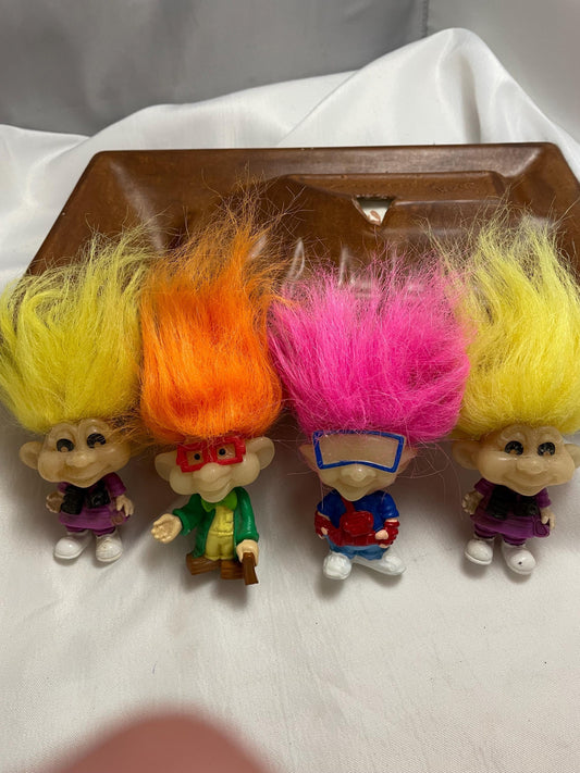 Vintage 1995 Buger King Corp. Toy Troll Dolls. Glow in the Dark. Set of 4. 41/2”. Yellow , Pink and Orange hair.