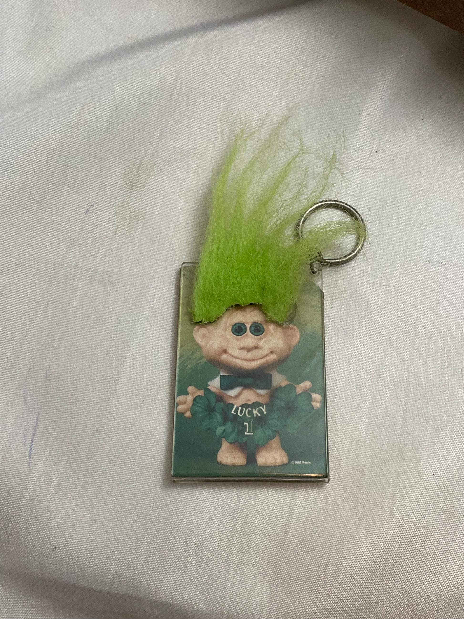 Vintage Keyring key holder with chain. Troll inspired. Green hair.