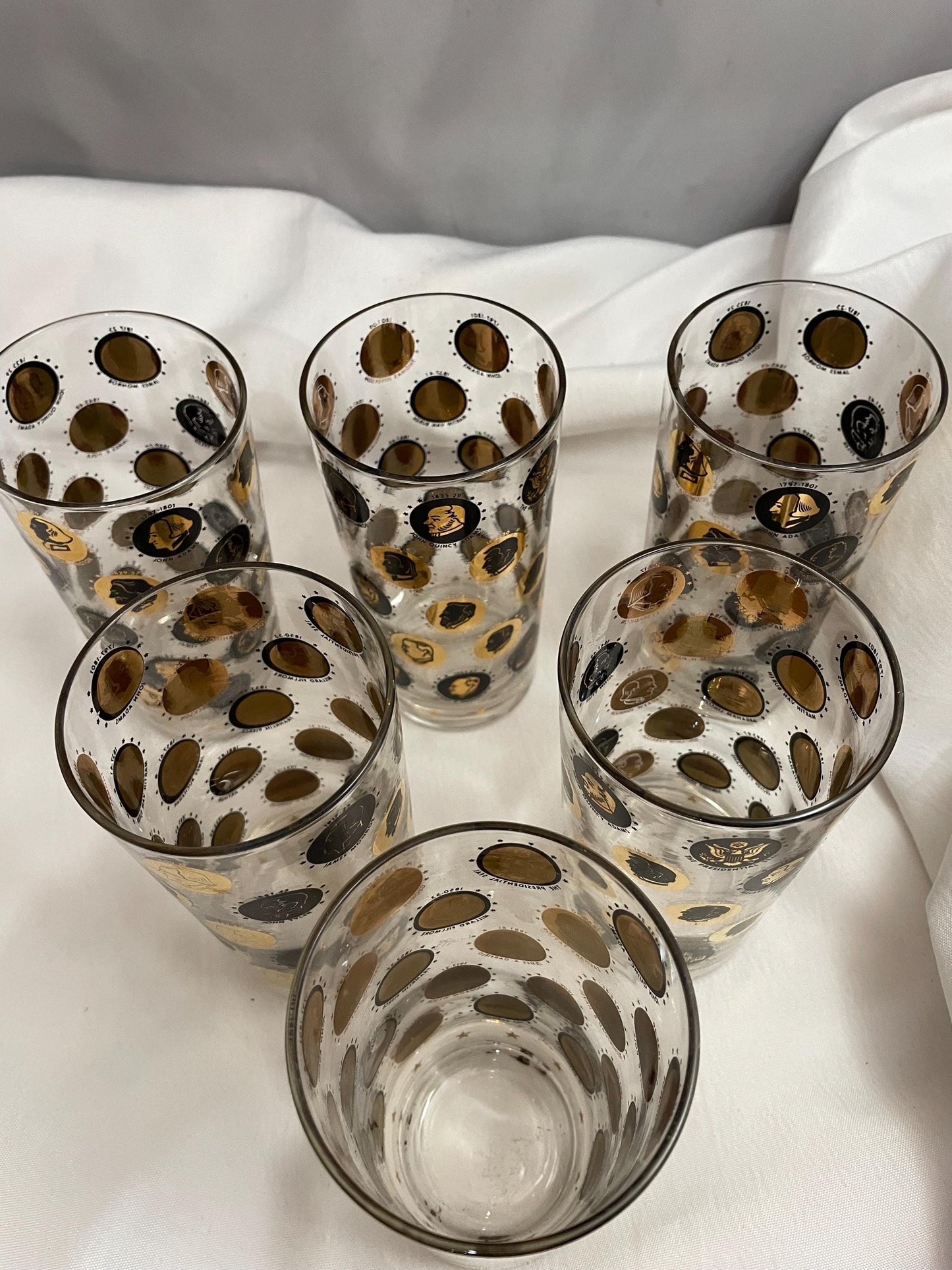 Mid Century Gold/Black coin Highball Glasses. set of 6.