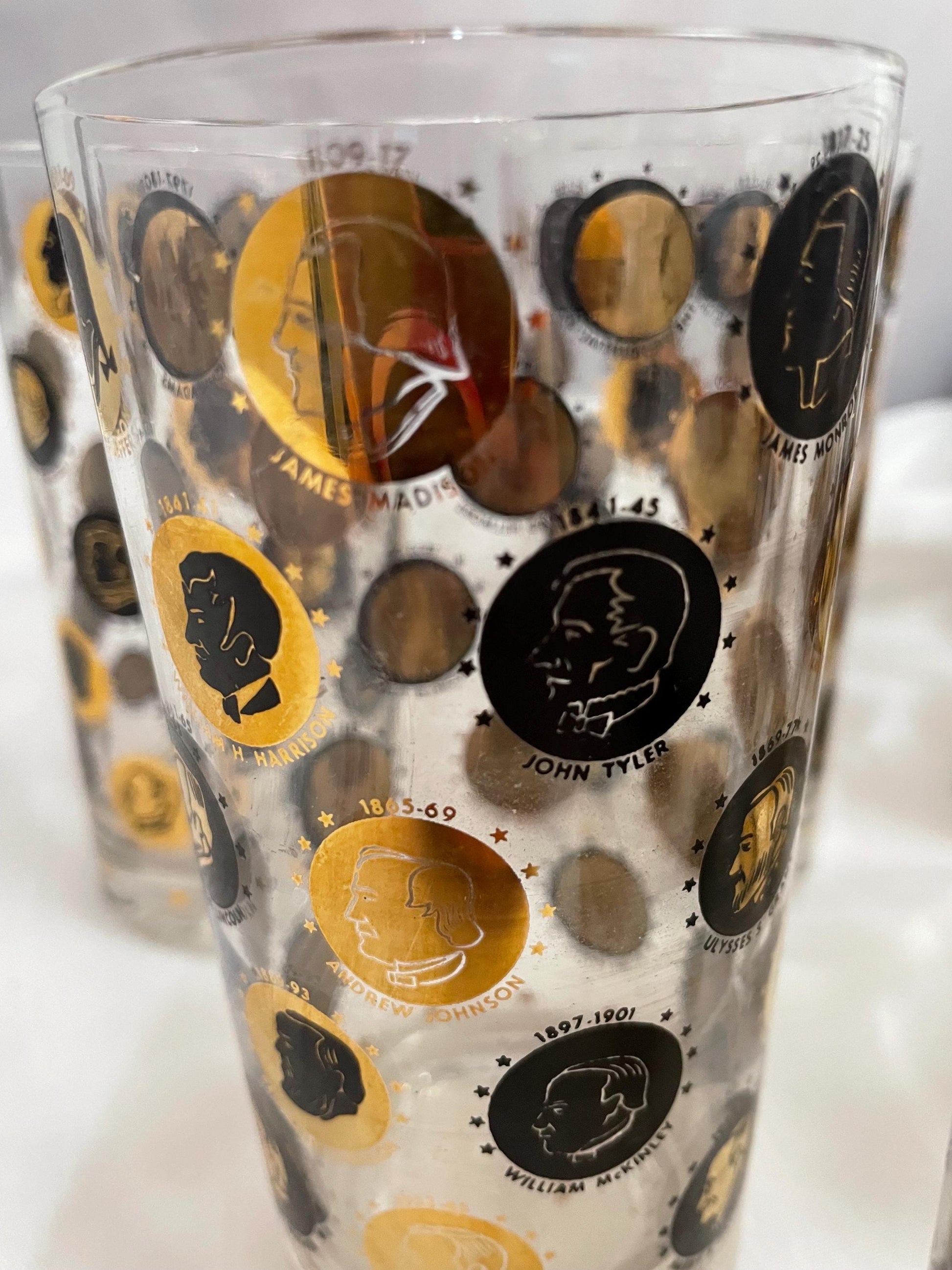 Mid Century Gold/Black coin Highball Glasses. set of 6.