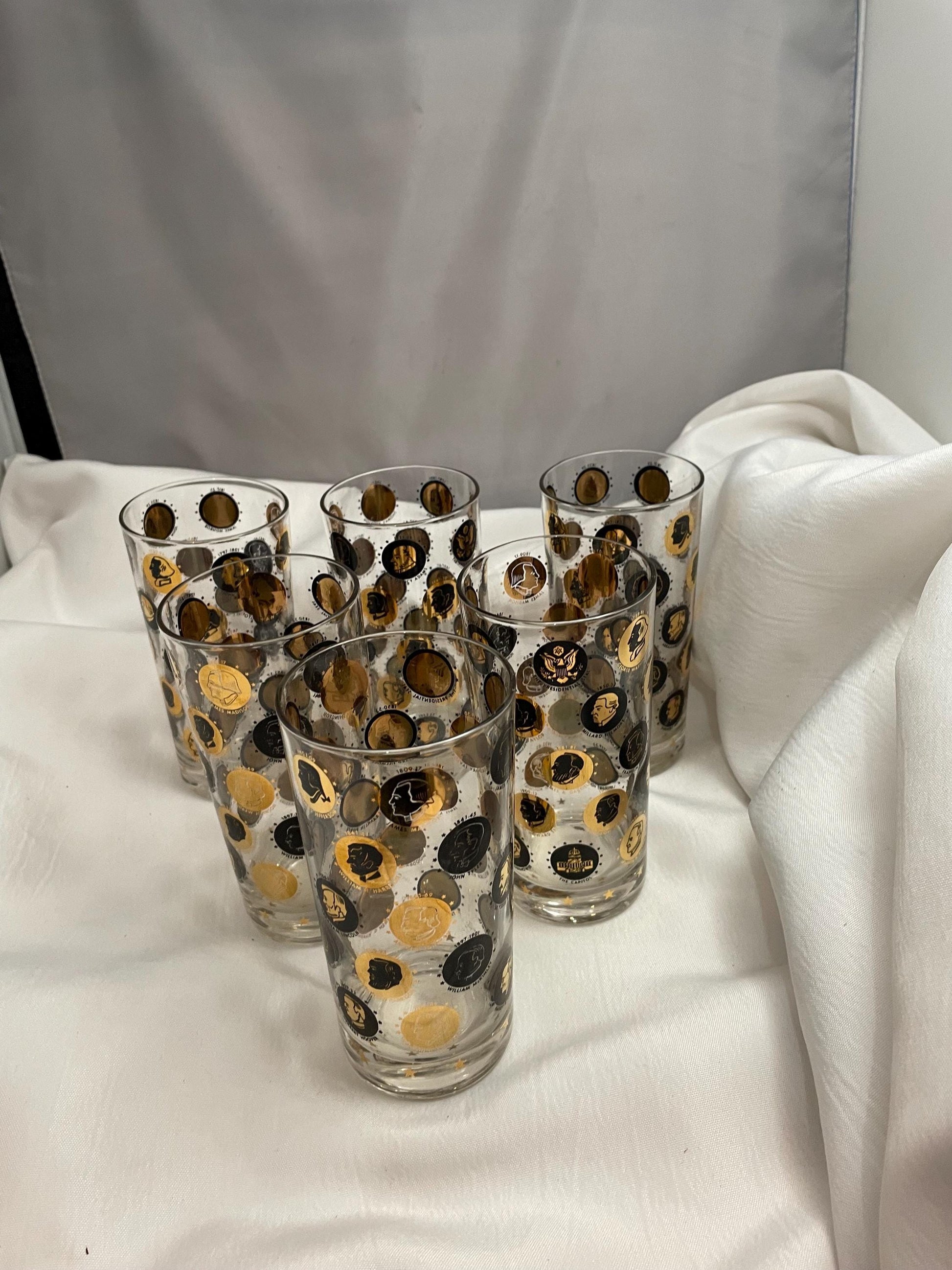 Mid Century Gold/Black coin Highball Glasses. set of 6.