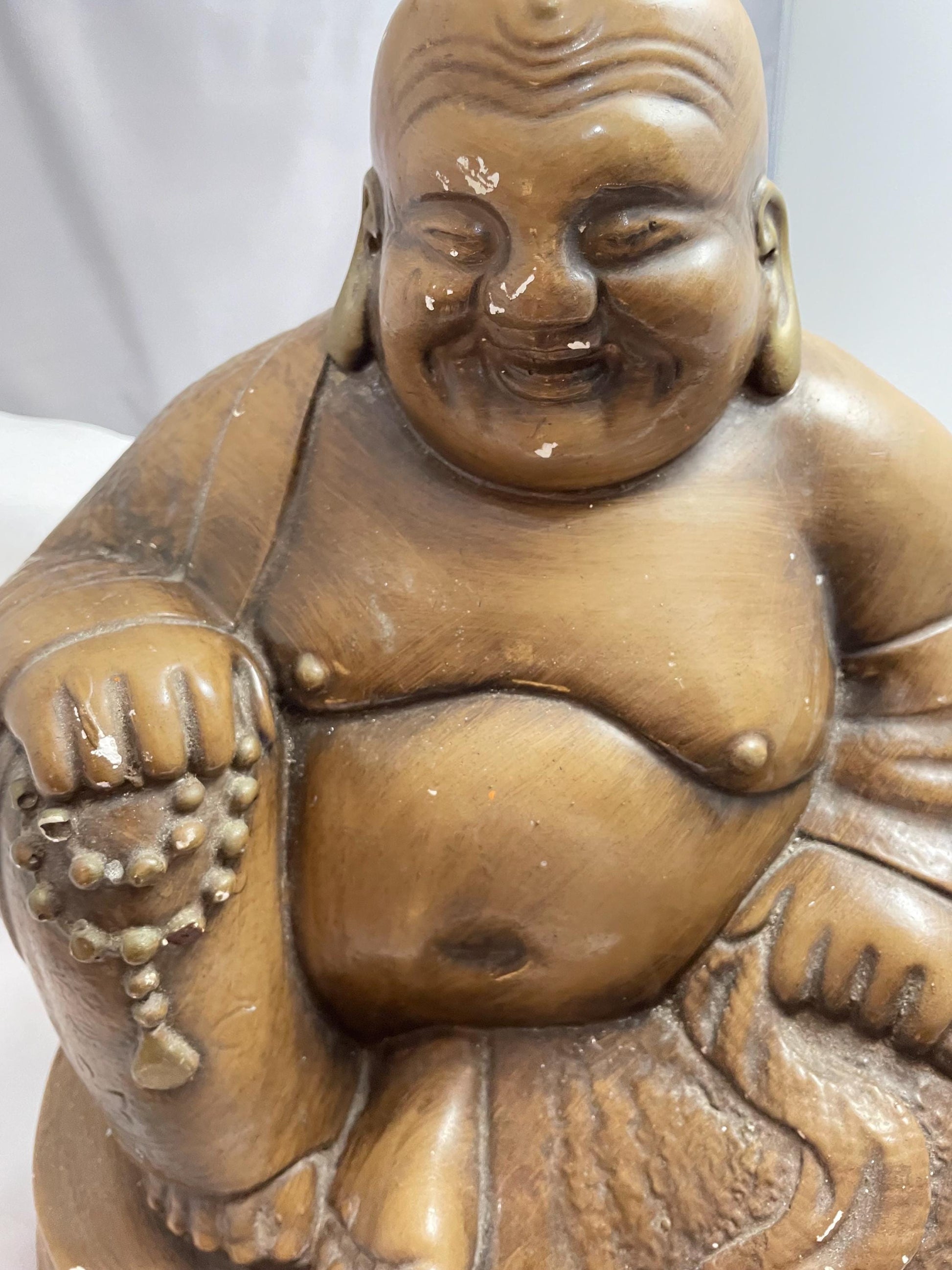 Vintage Large Ceramic Laughing Buddha Statue/figure. Can be touched up with bronze paint. Chip on Finger and base.