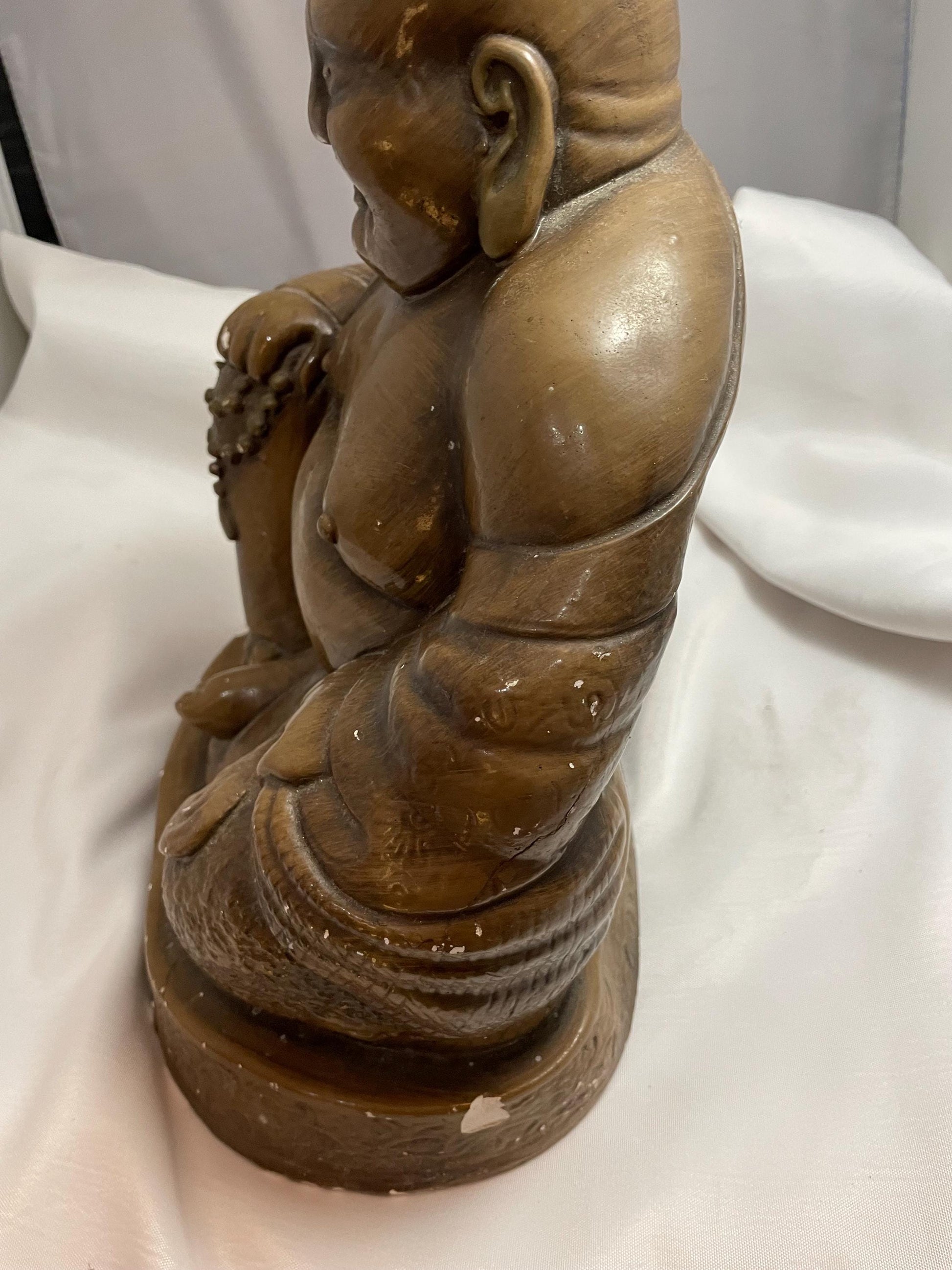 Vintage Large Ceramic Laughing Buddha Statue/figure. Can be touched up with bronze paint. Chip on Finger and base.