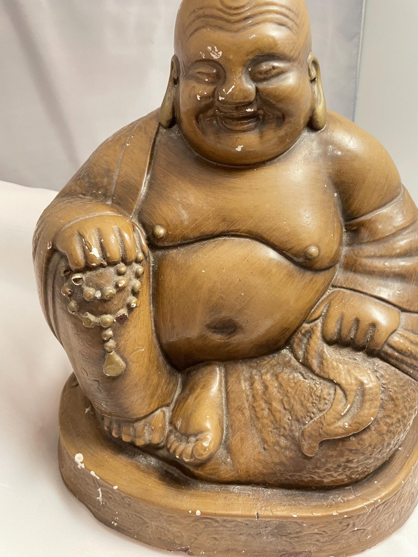 Vintage Large Ceramic Laughing Buddha Statue/figure. Can be touched up with bronze paint. Chip on Finger and base.