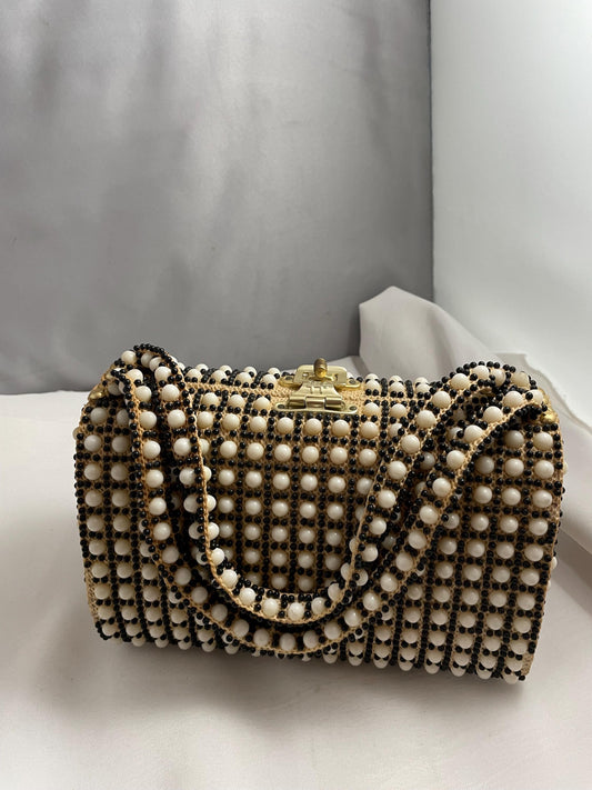 Vintage Faux beaded pearl inspired Handbag w/ crotchet and beaded straps.