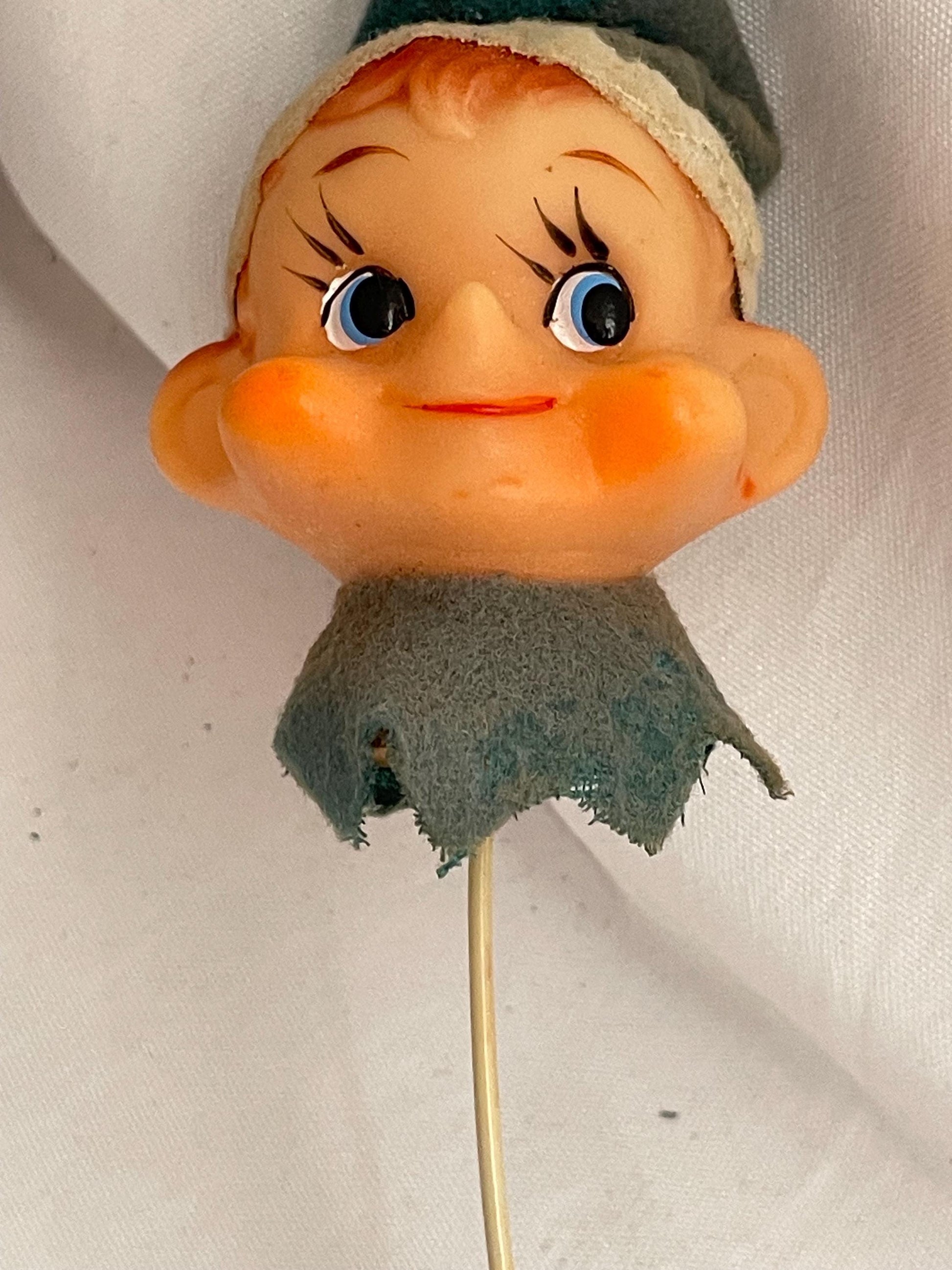 Vintage Rubber faced Christmas Pixie elf on stick. planter or Wreath decor for Christmas.