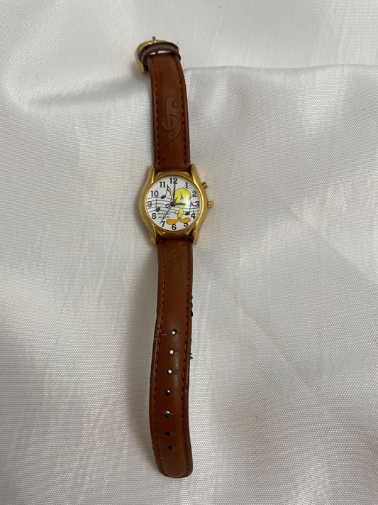 Vintage collectible Looney Tunes Tweety Bird Musical Looney Tunes Logo, leather wristband watch.