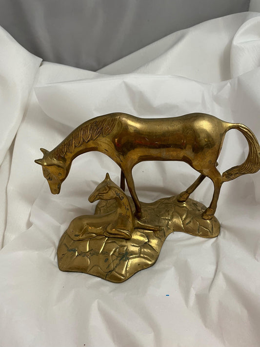 Solid Brass Vintage Mare and Foal Figurine.