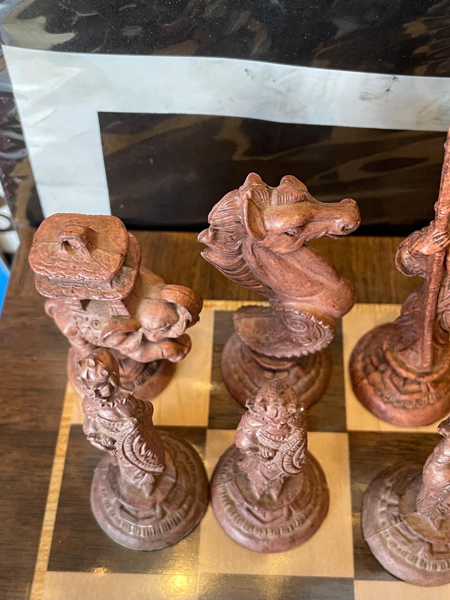 Vintage Chess Set w/ Board and Carrying case. 2 chess pieces need bottoms fixed but intacted .