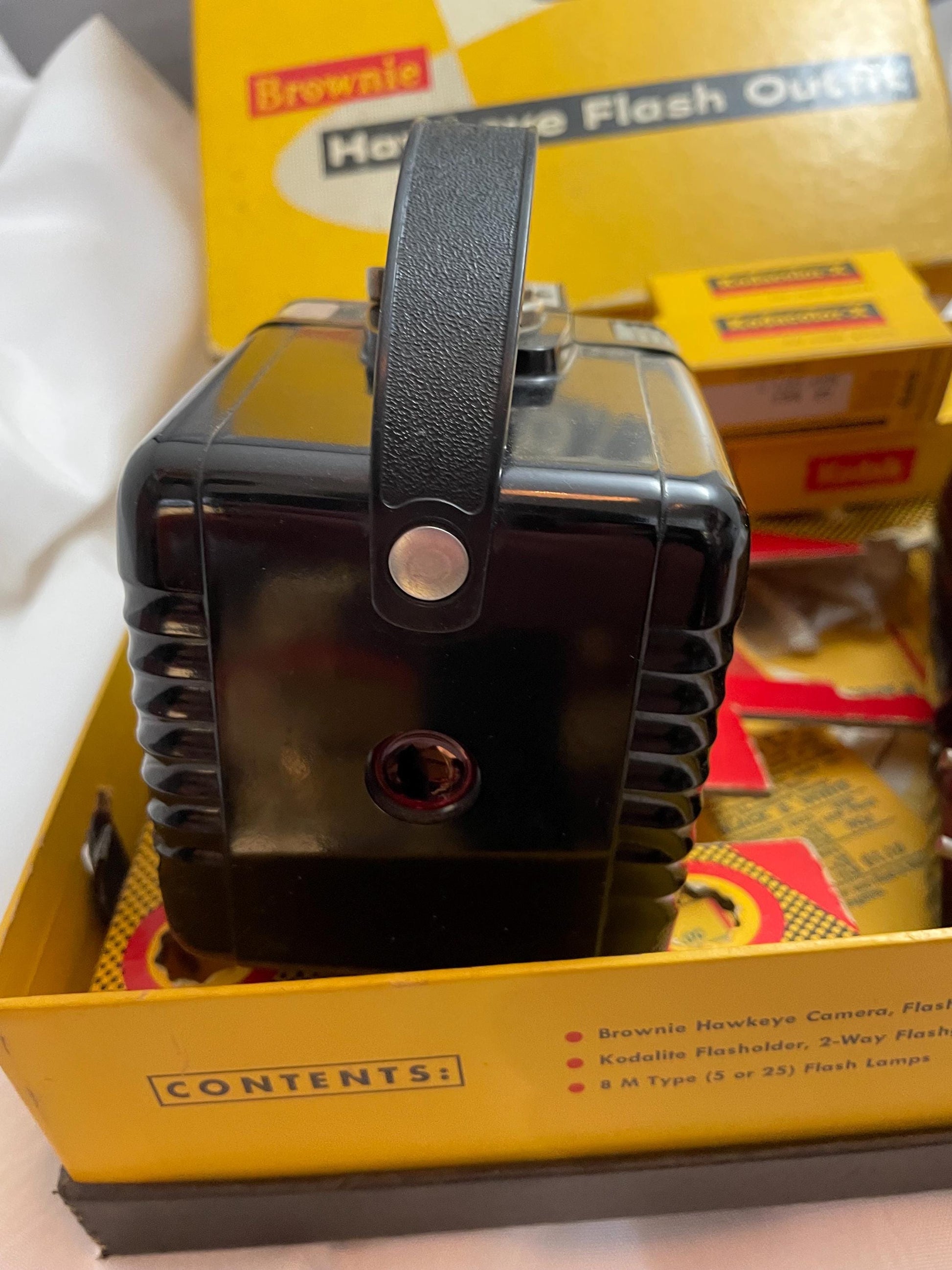 Vintage Kodak Brownie Hawkeye camera. In its original box. Flash Model. Extra Bulbs and Film included.