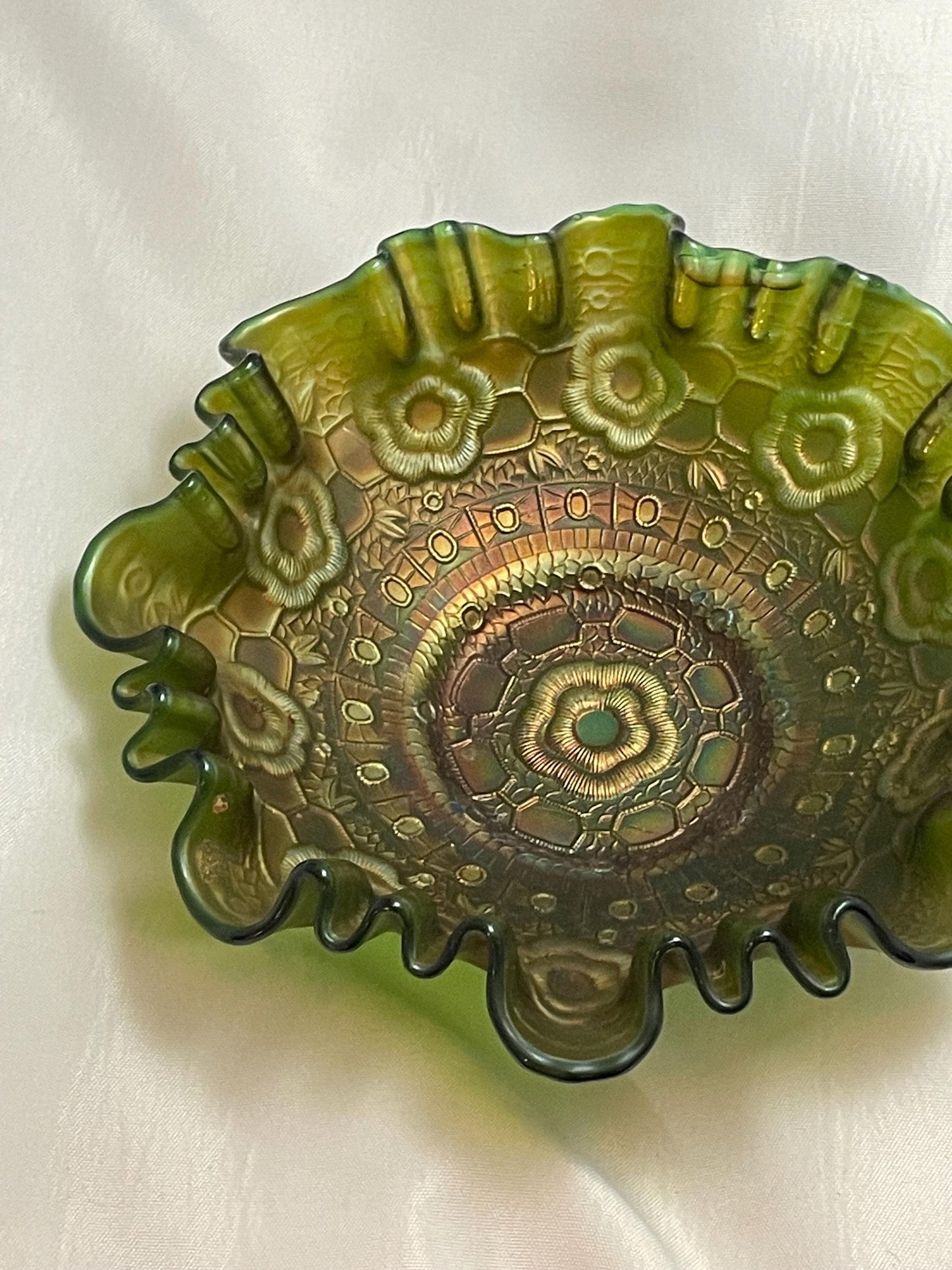 Vintage Ruffle crimped ribbon green candy Carnival Glass bowl.