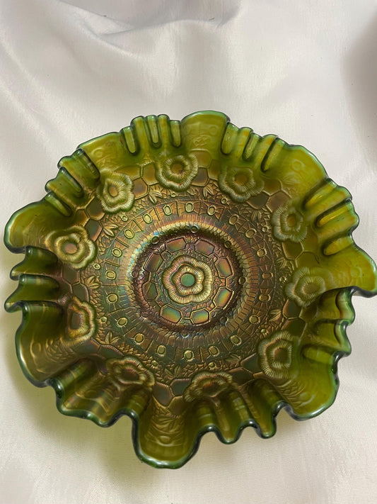 Vintage Ruffle crimped ribbon green candy Carnival Glass bowl.