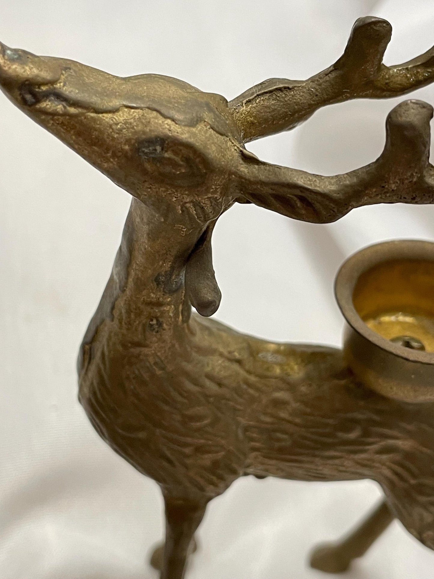 Set of 2 Vintage brass Deer Tapestry candle holders .