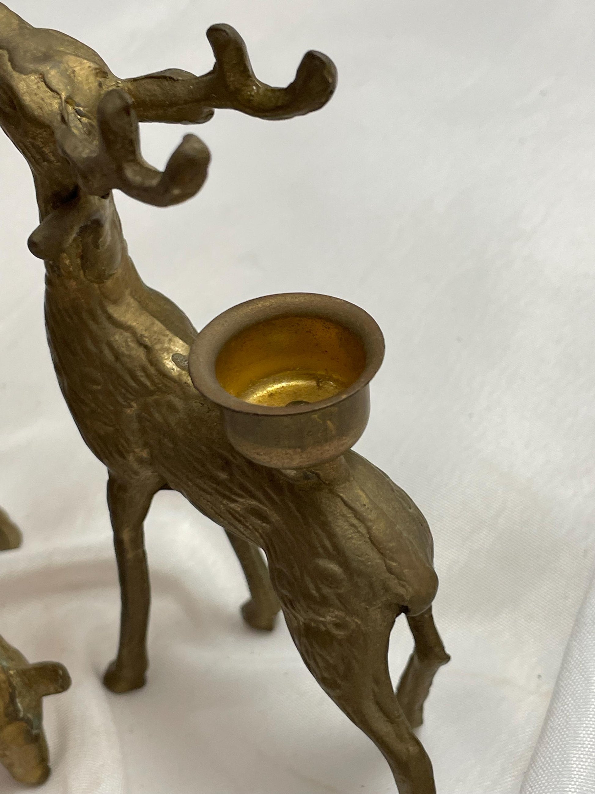 Set of 2 Vintage brass Deer Tapestry candle holders .