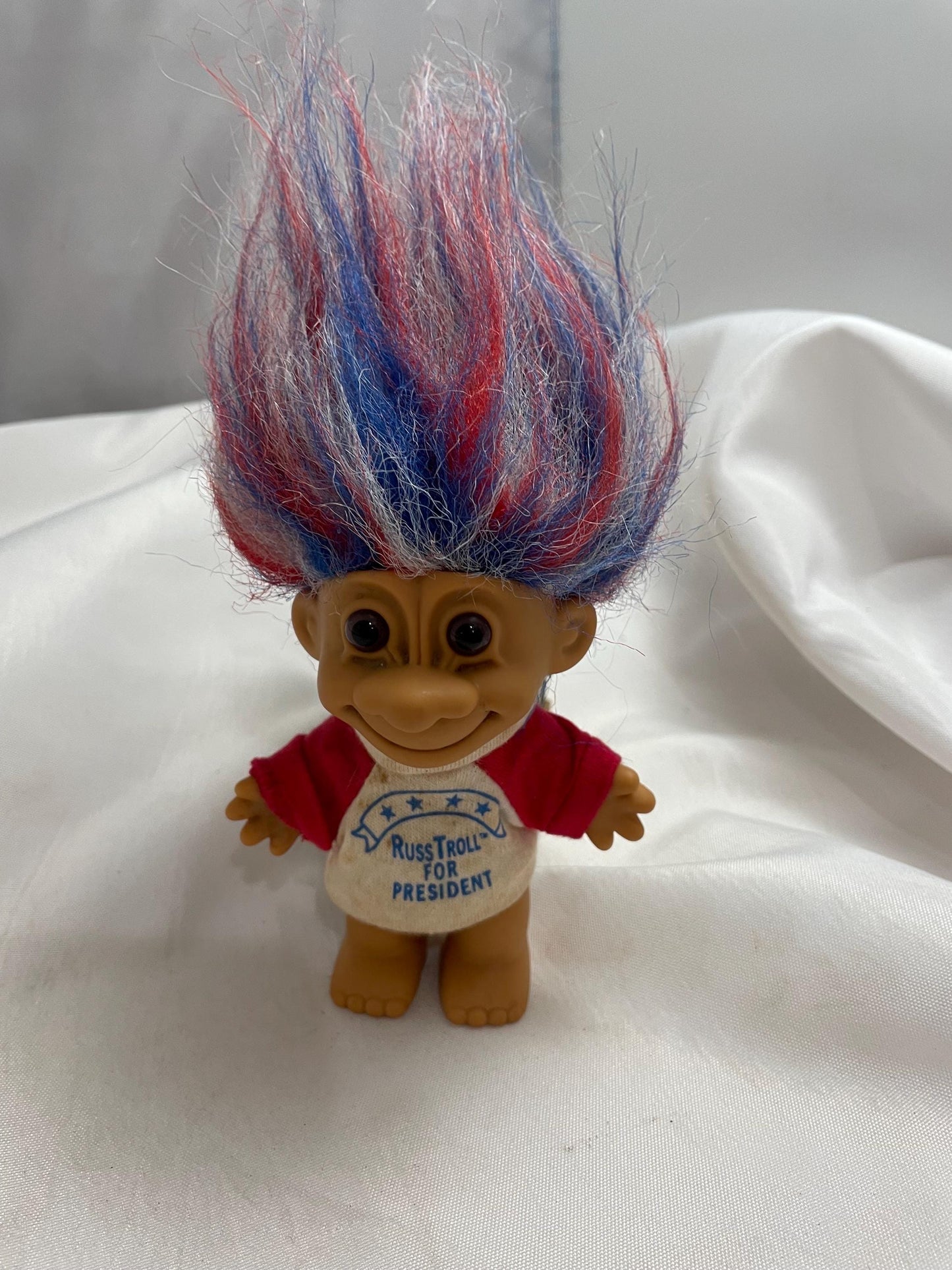 Vintage 1980’s Russ Troll For President doll. shirt is removable and washable. 41/2”. Red/ White and Blue hair.