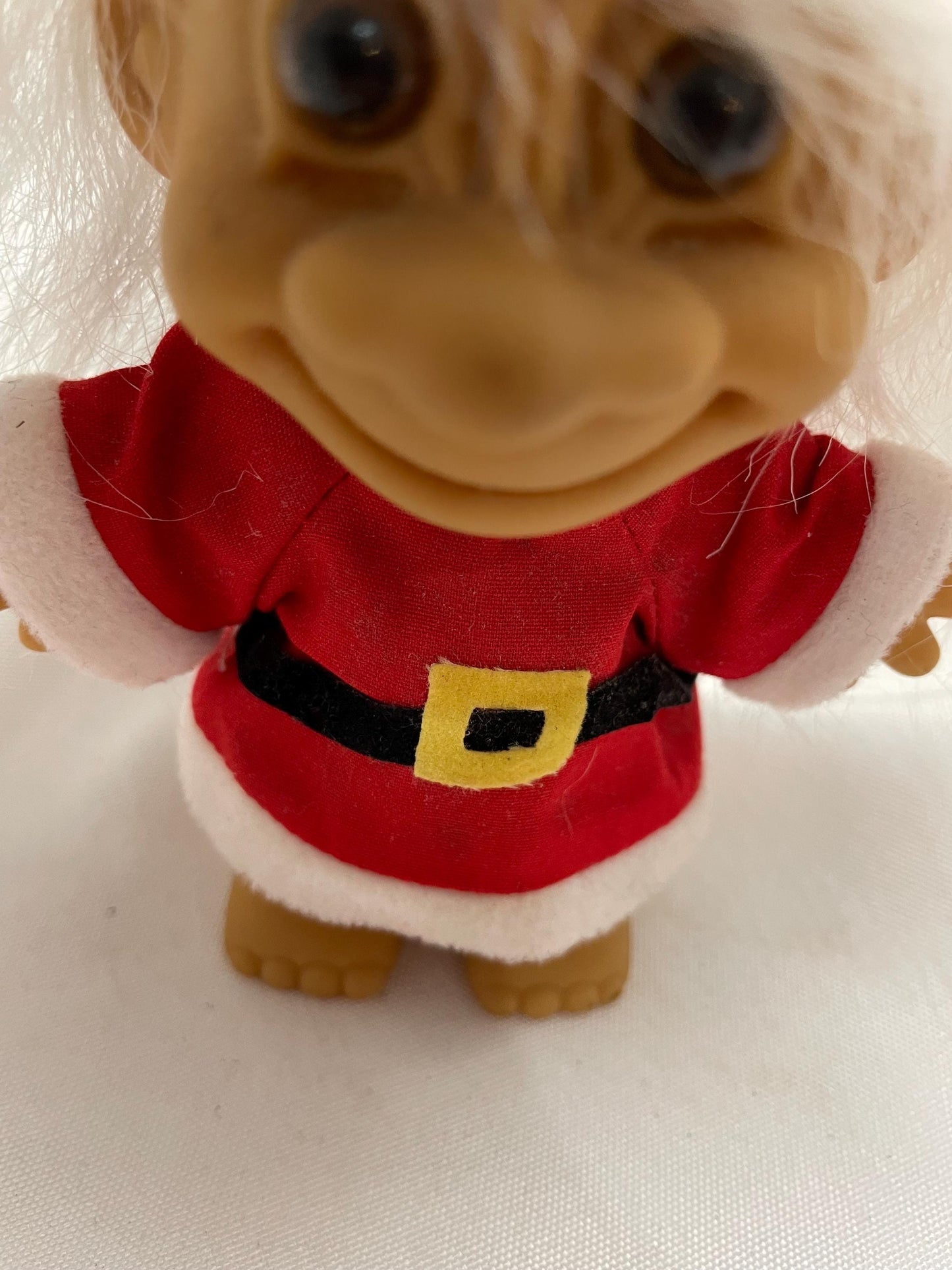 Vintage Russ Santa Claus Troll Doll w/ Christmas Coat and Hat. 41/2”. White Hair.