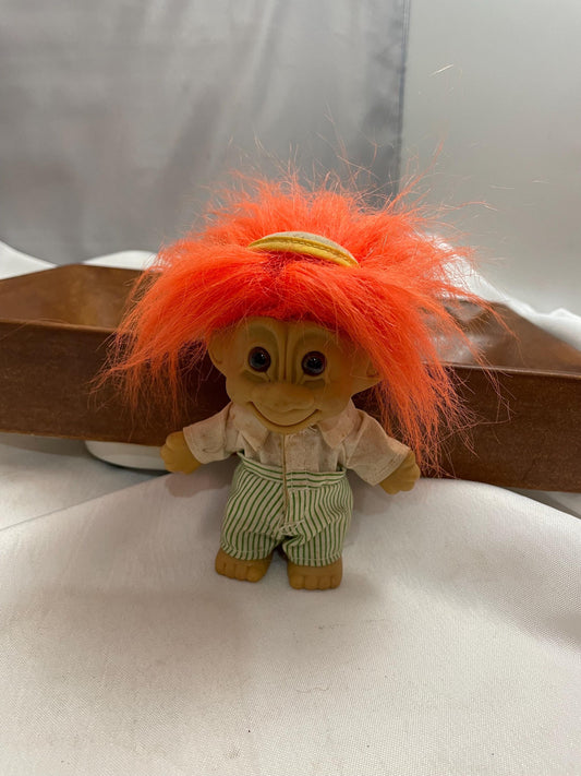 Vintage Russ Troll Golfer Doll w/ Visor hat. Orange hair 4 1/2”.