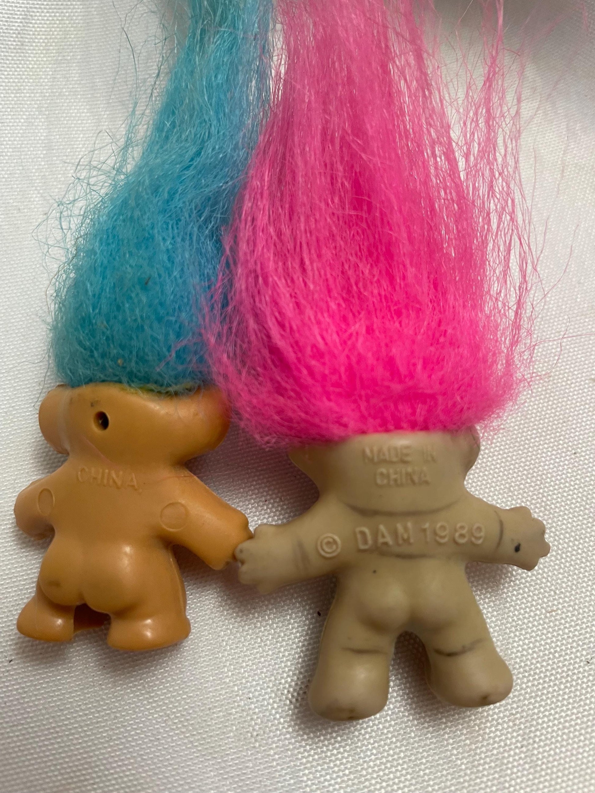 Vintage Thomas Dam Troll Pink/Blue haired Pencil toppers. set of 2. 1 1/2”.