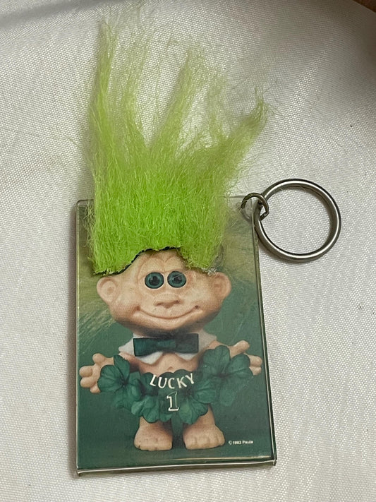 Vintage Keyring key holder with chain. Troll inspired. Green hair.