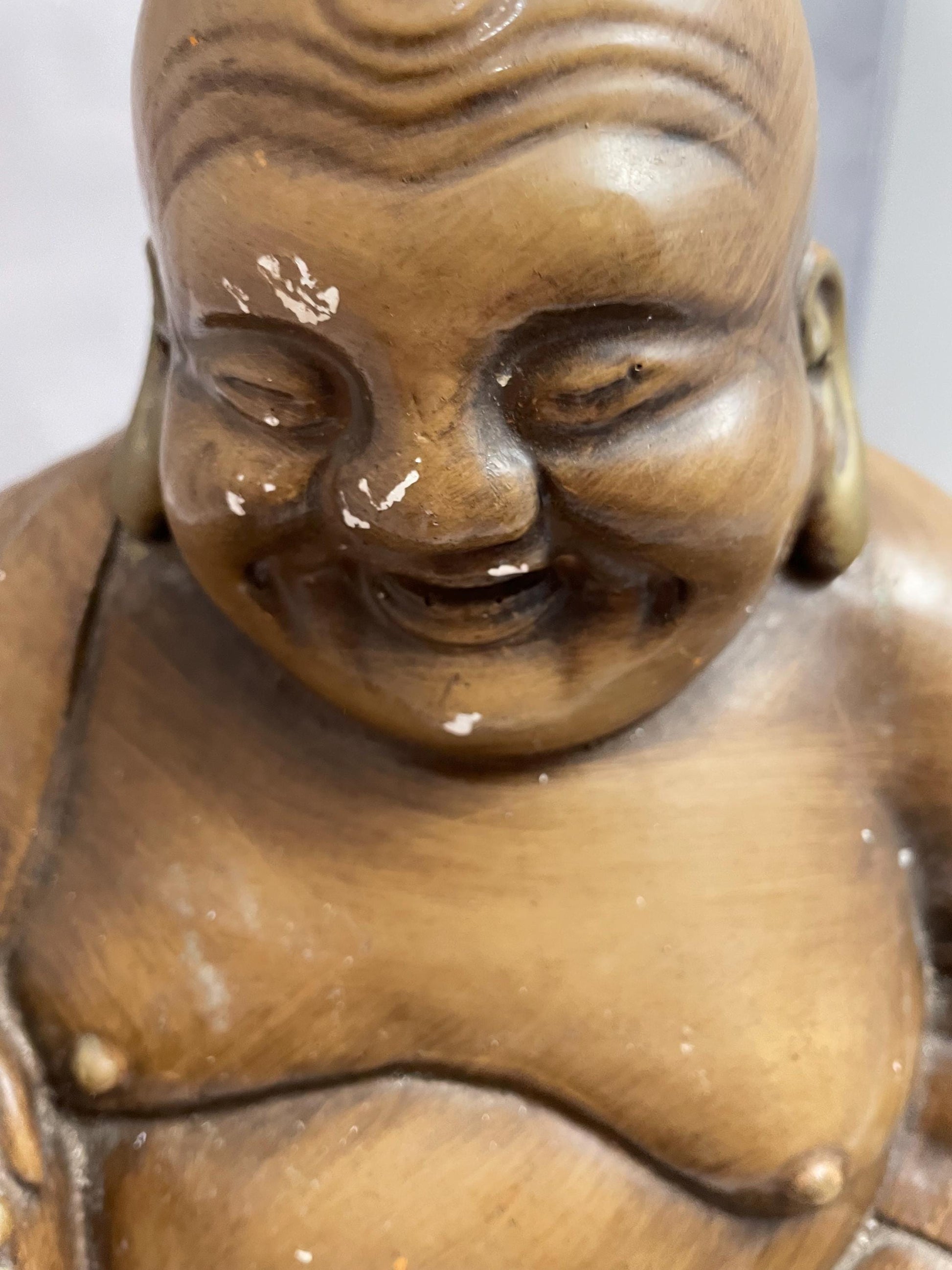 Vintage Large Ceramic Laughing Buddha Statue/figure. Can be touched up with bronze paint. Chip on Finger and base.