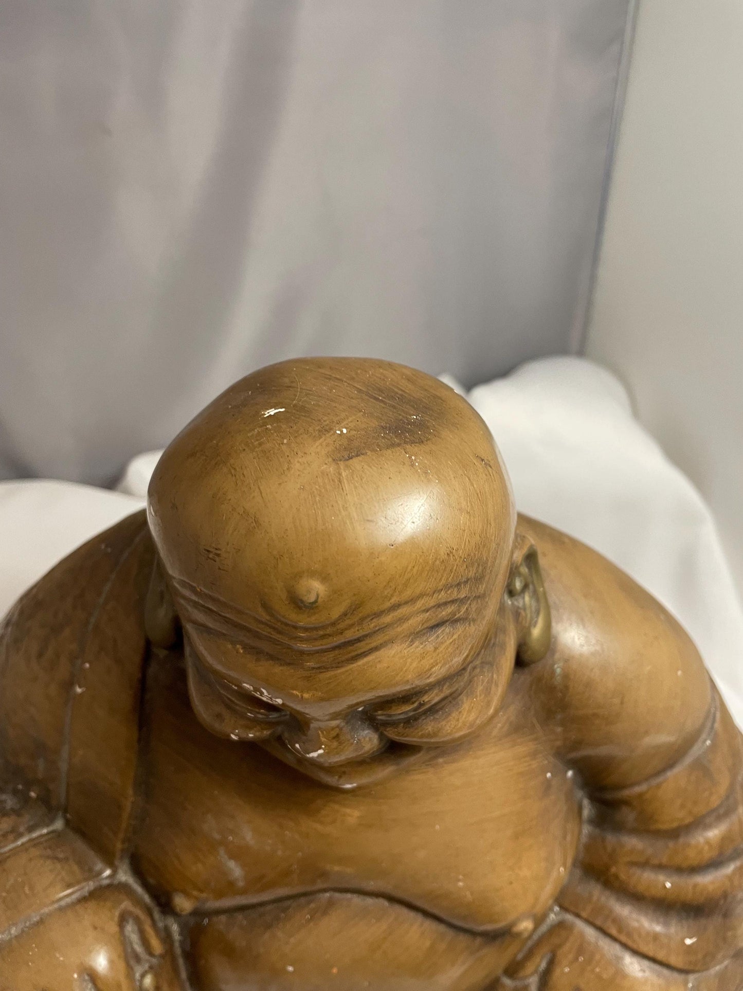 Vintage Large Ceramic Laughing Buddha Statue/figure. Can be touched up with bronze paint. Chip on Finger and base.