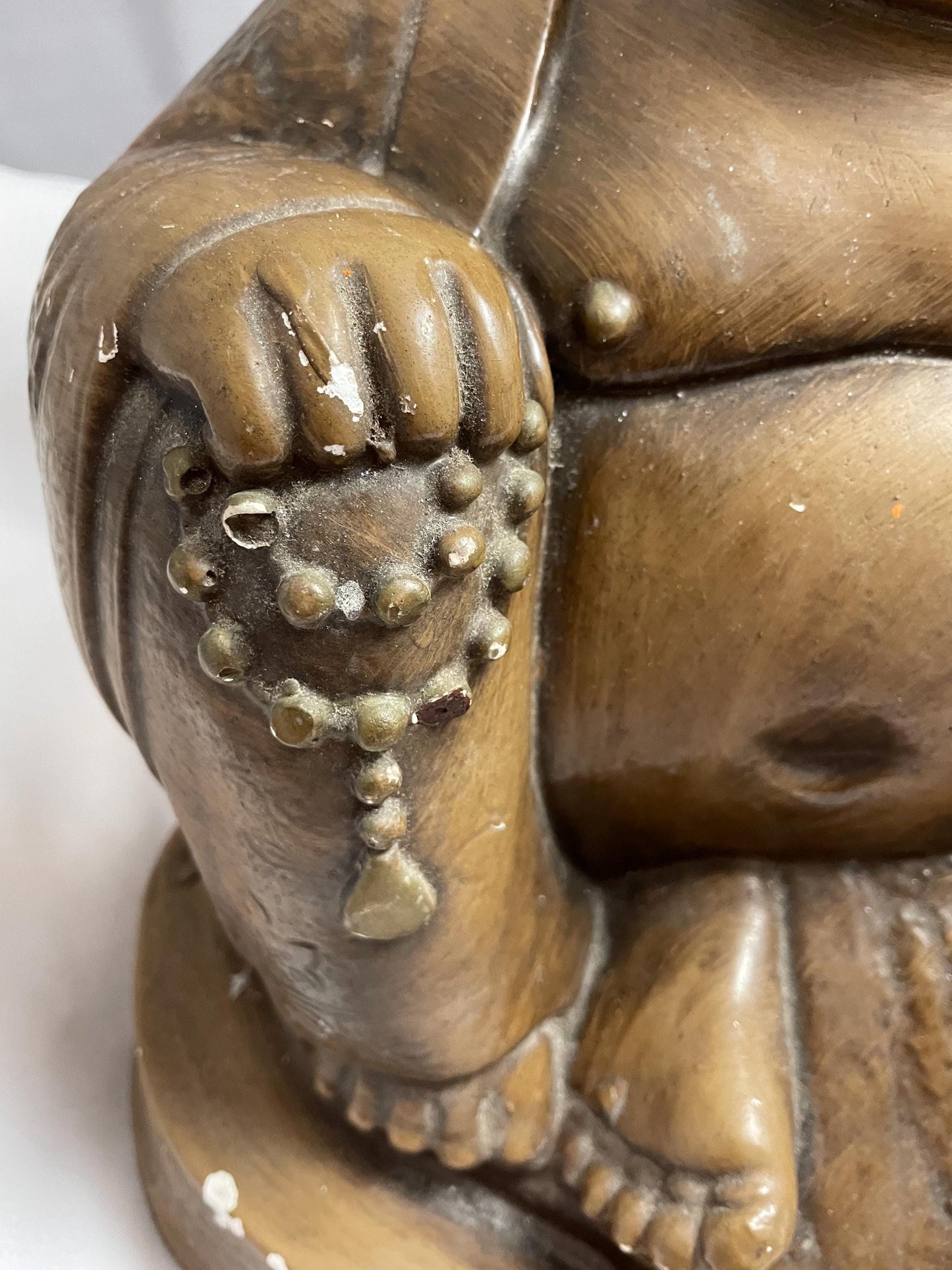 Vintage Large Ceramic Laughing Buddha Statue/figure. Can be touched up with bronze paint. Chip on Finger and base.