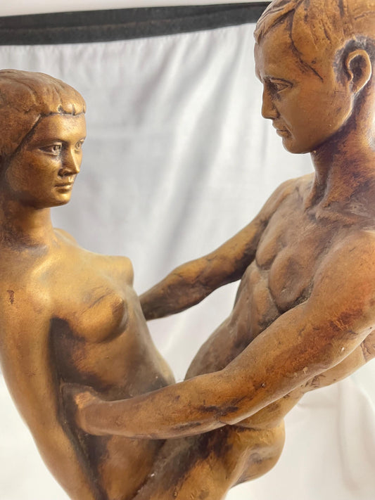 Vintage 1970’s solid ceramic Nude Lovers Statue. Bronze color. 18” tall.