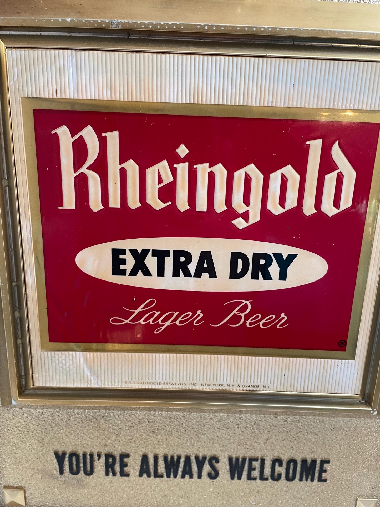 Vintage Rheingold Extra Dry Lager Beer Hanging “Your Always Welcome” Sign.