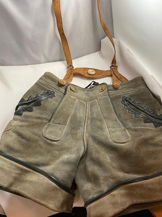 Vintage suede Lederhosen suspender shorts w/ 50’s-60’s Vintage Lederhosen Leather pants brace w/ zipper pocket and Deer Emblem.