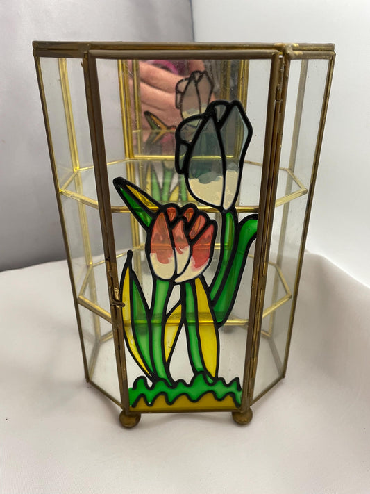 Vintage brass stain glass Tulip hexagon Trinket, knick knack small display case. 8x5.