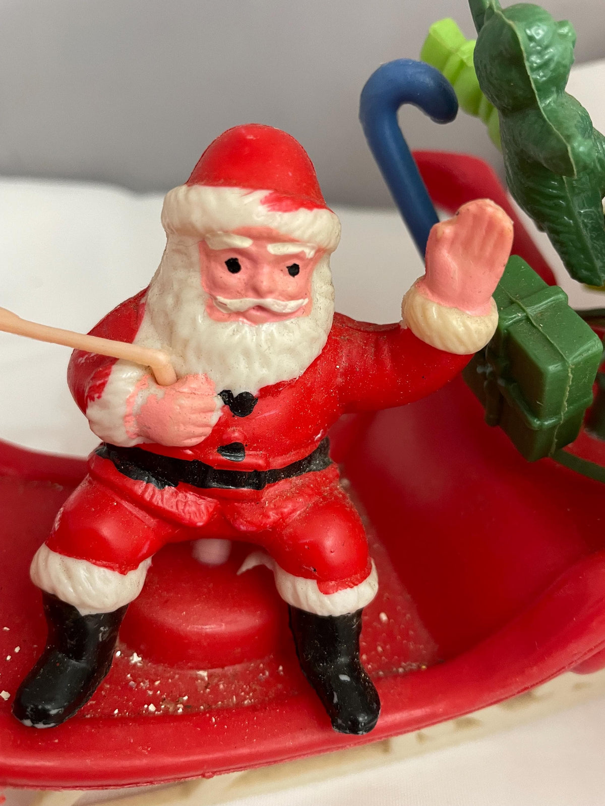 Vintage Plastic Santa claus With sled full of presents and his Reindeer Christmas decor.