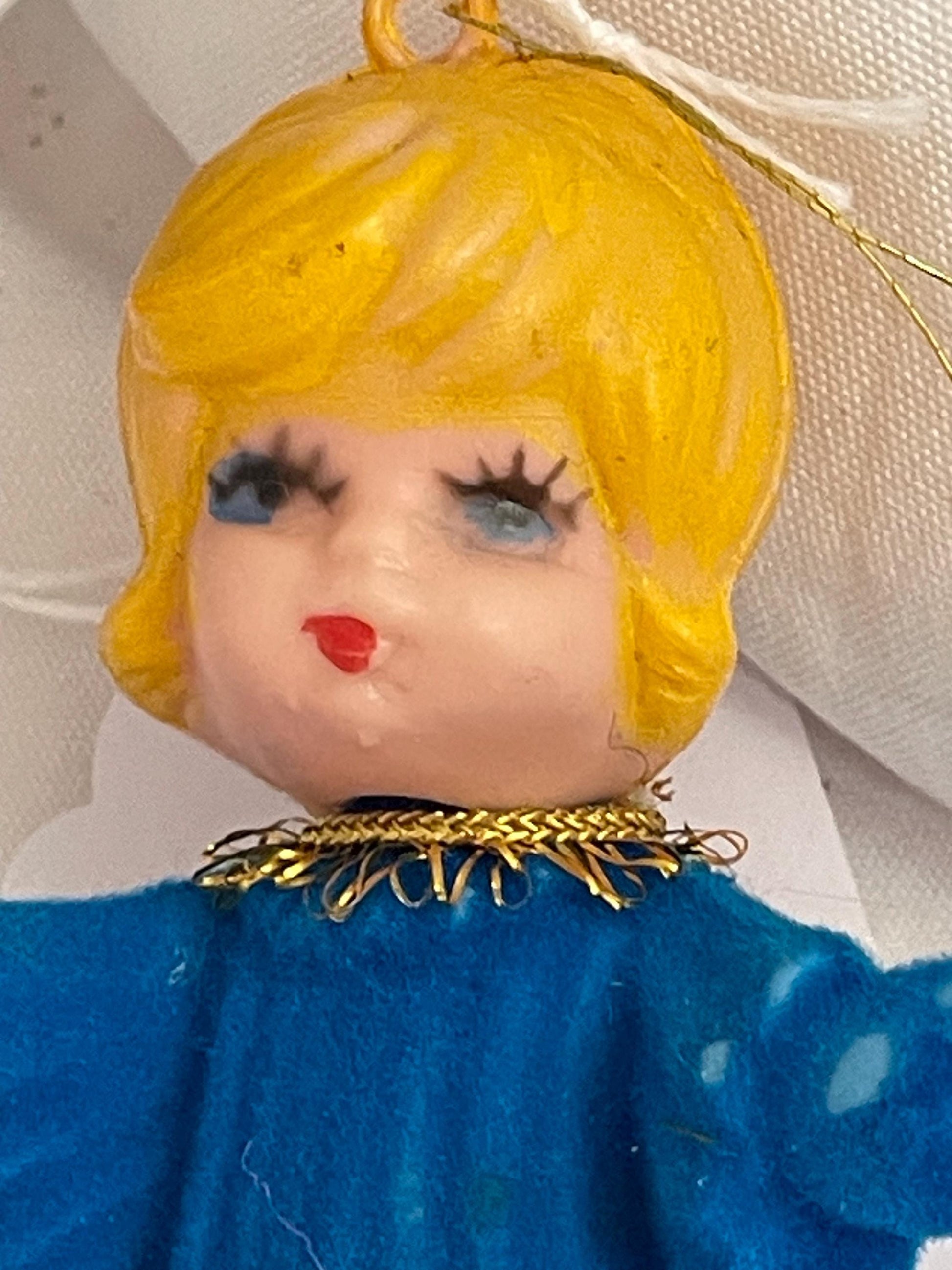 Vintage Blue flocked Angel Christmas Ornament.