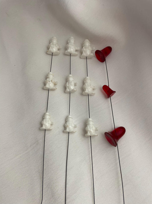 Vintage small Snowmen on wire. set of 3 . 1 Vintage Christmas bells on wire.