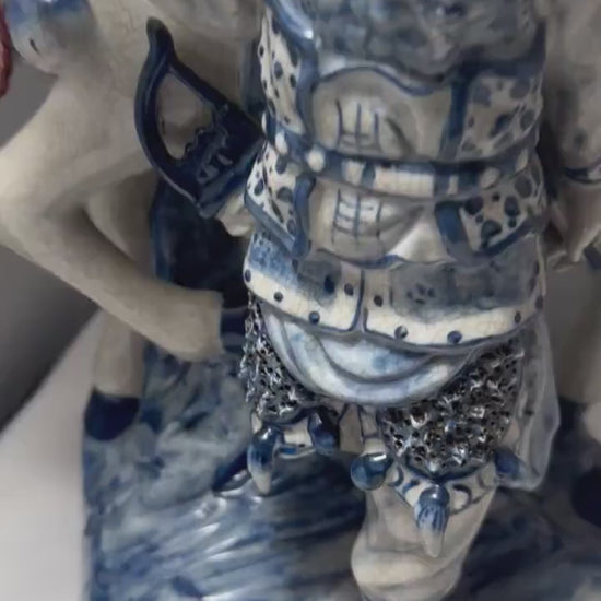 Vintage Bombay Co Chinese Porcelain Statue Man and Horse, Blue and White, Unique Home Decor Accent