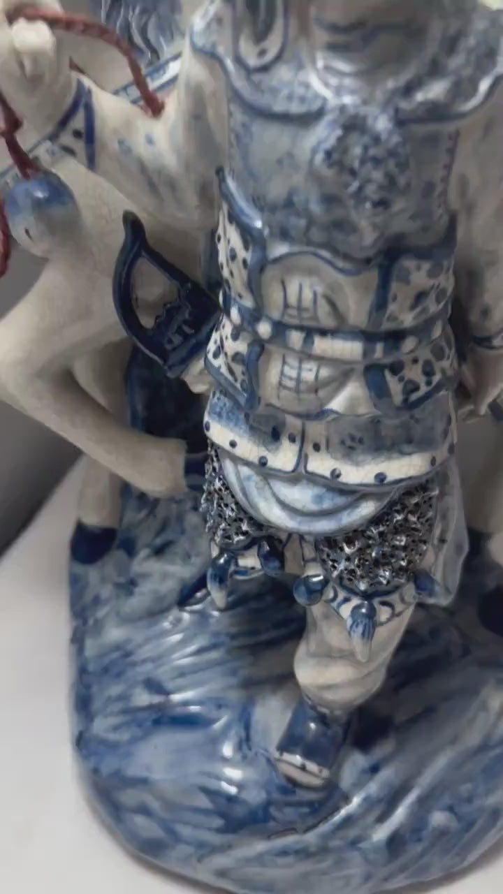 Vintage Bombay Co Chinese Porcelain Statue Man and Horse, Blue and White, Unique Home Decor Accent