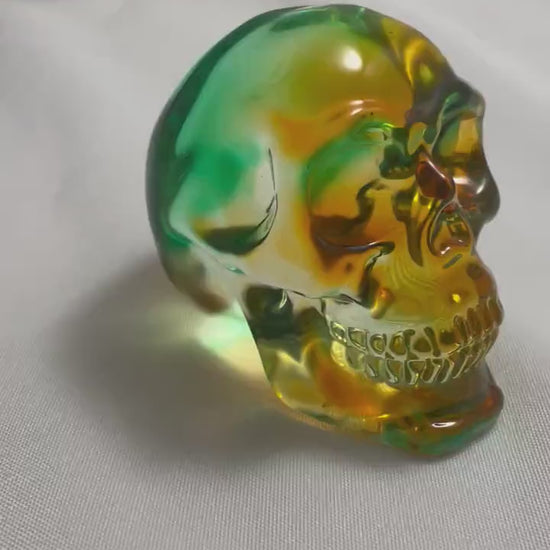 Green Orange Celluloid Skull Carving, Unique Skull Sculpture, Halloween Decor, Spooky Home Decor, Skull Collectible