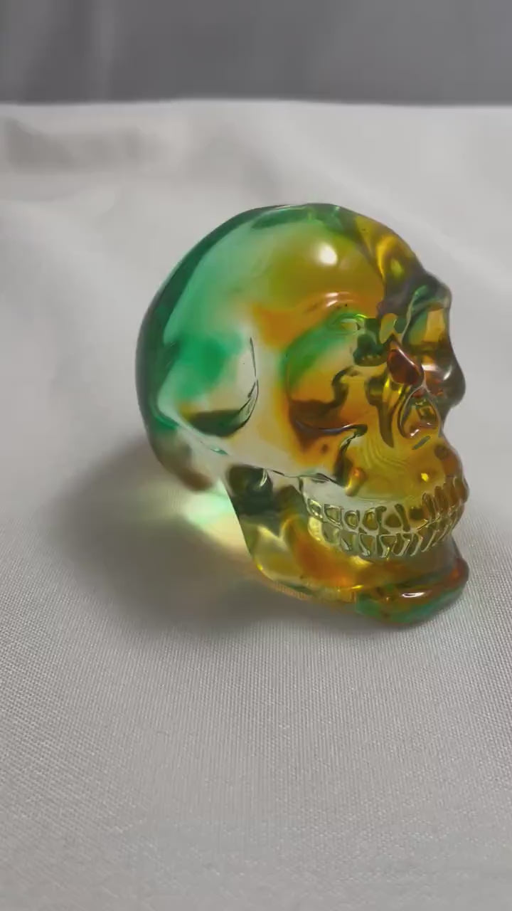 Green Orange Celluloid Skull Carving, Unique Skull Sculpture, Halloween Decor, Spooky Home Decor, Skull Collectible