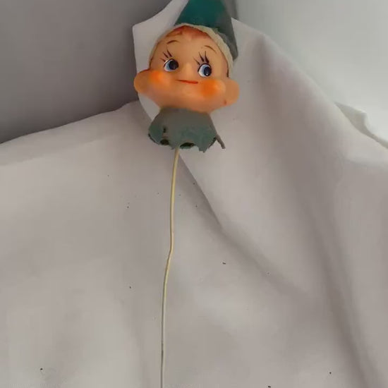 Vintage Rubber faced Christmas Pixie elf on stick. planter or Wreath decor for Christmas.